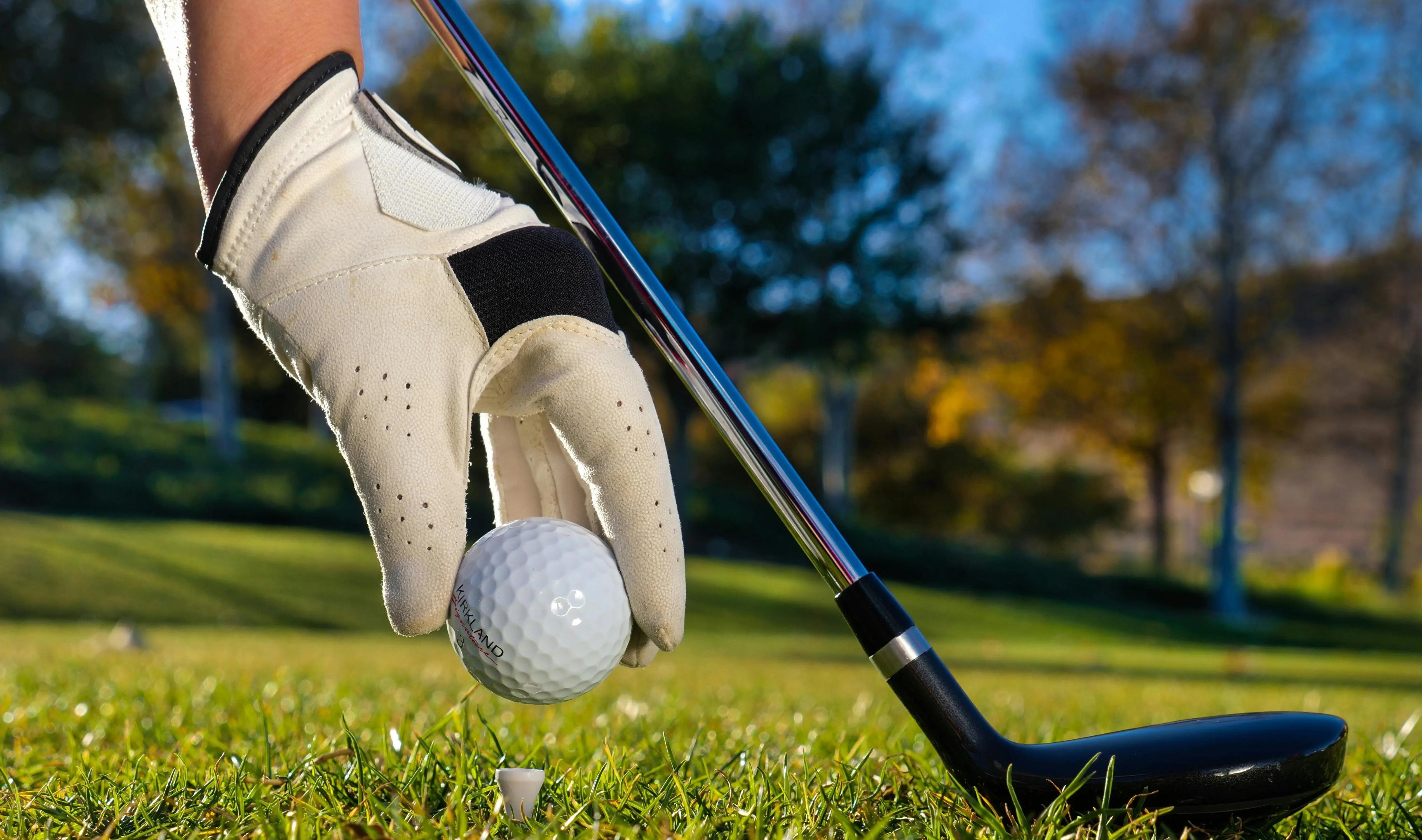 Golfer putting the ball on a tee.