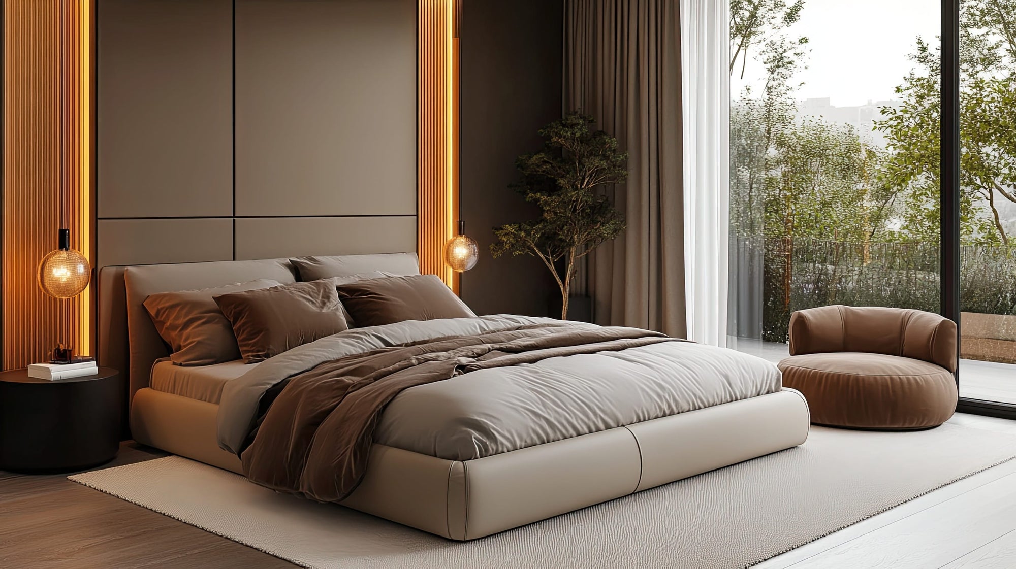 Modern bedroom with a large bed, neutral color scheme, and decorative elements.