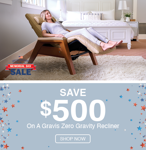 Gravis zero gravity recliner Memorial Day Mobile Homepage Banner with a blue background and an image of a woman reclined in a tan Gravis zero gravity recliner.