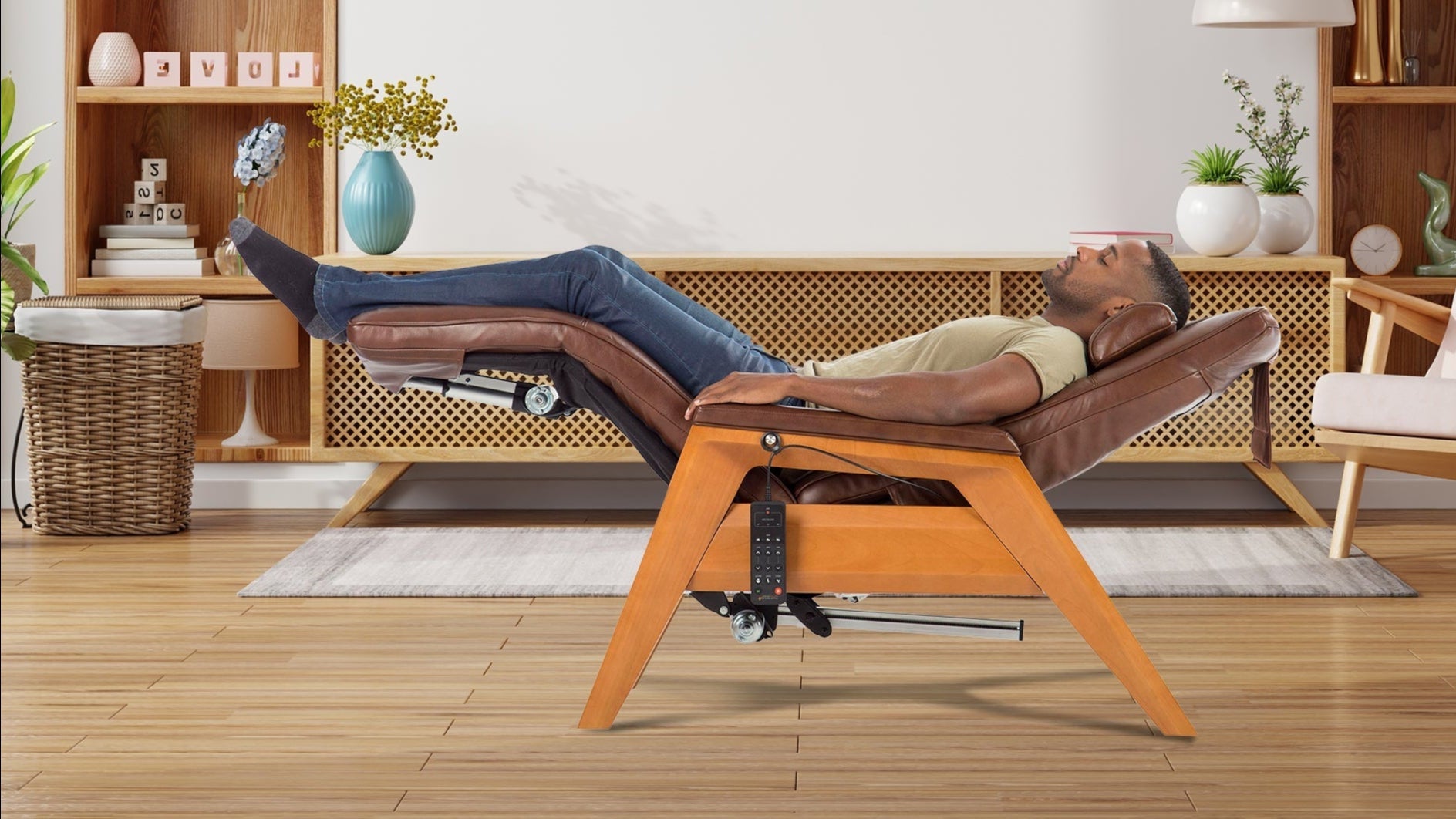 Person relaxing on a modern recliner chair in a well-decorated living room.