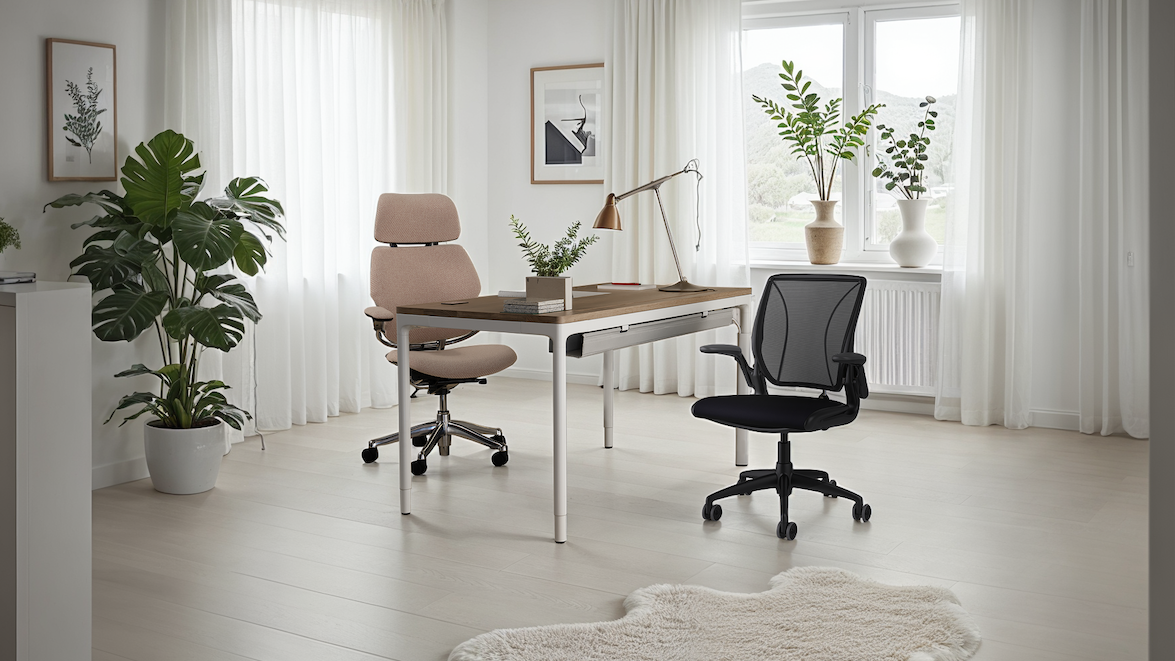Modern office setup with a desk, chairs, and decorative plants in a bright room.