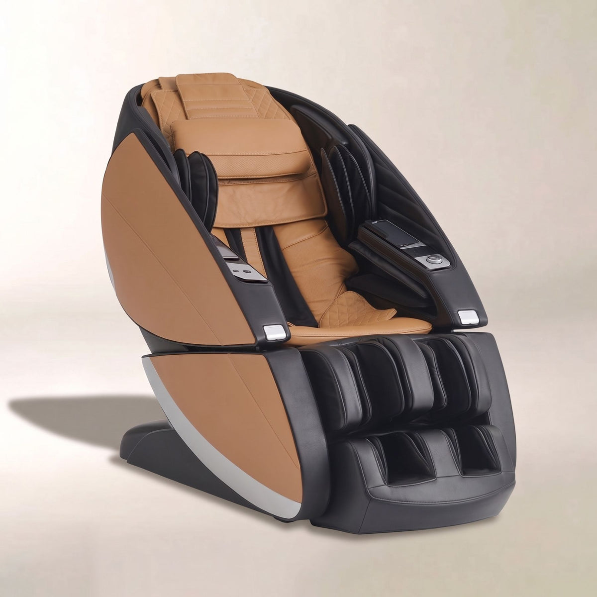 Super Novo X Massage Chair shown in brown with black accents against a beige background.