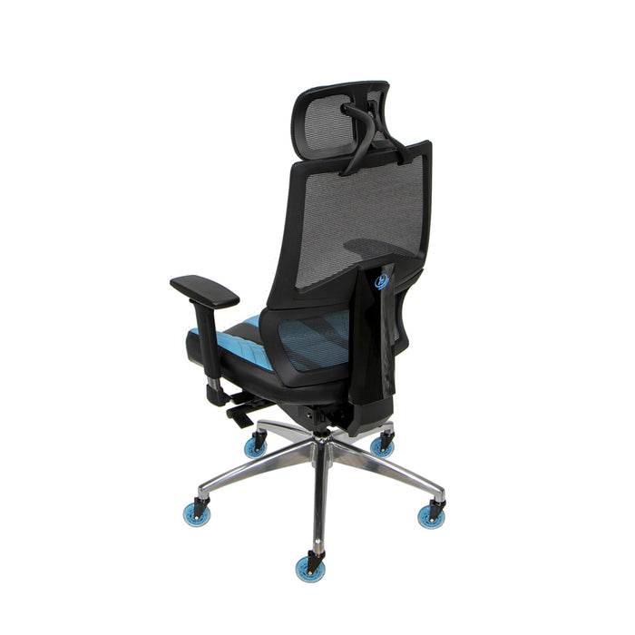 Scepter Gaming Chair in blue faux leather with blue casters.