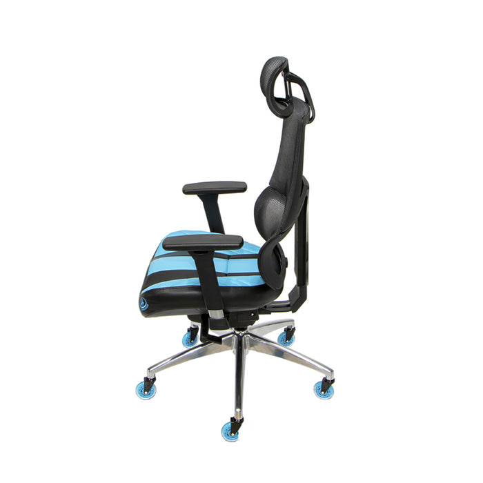 Scepter Gaming Chair in blue faux leather with blue casters.