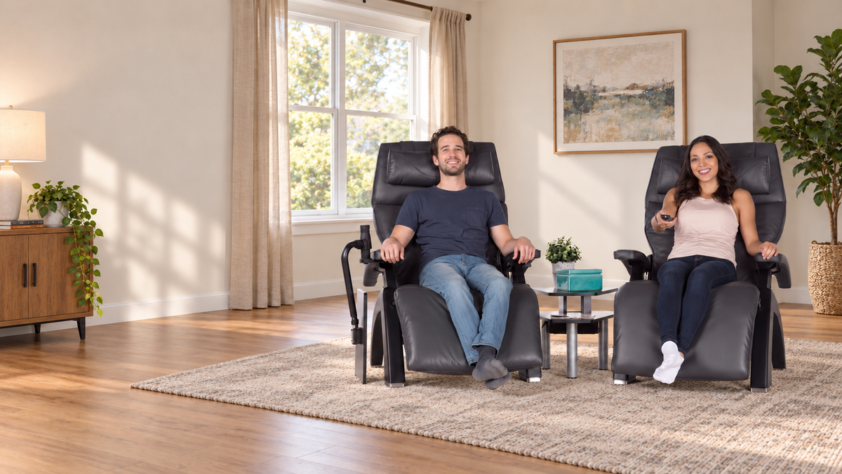 A man and a woman sit in two black reclining chairs facing each other in a bright living room. The chairs appear to be the product being shown, with a small table and decor between them.