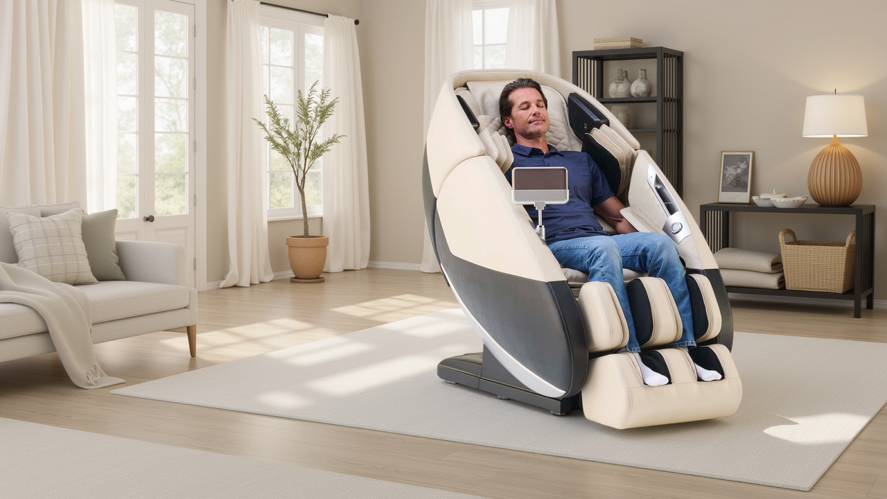 Man relaxing in a modern massage chair in a home setting