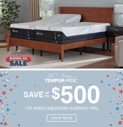 Tempur Pedic Memorial Day Mobile Homepage Banner with a blue background and a Tempur Pedic split mattress.