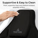 FitSpine Heat and Vibration Comfort Cushion by Teeter close up view of head padding, black inversion table cushion, with text "Supportive and Easy to clean - Thick, supportive foam and moisture-resistant polyester surface."