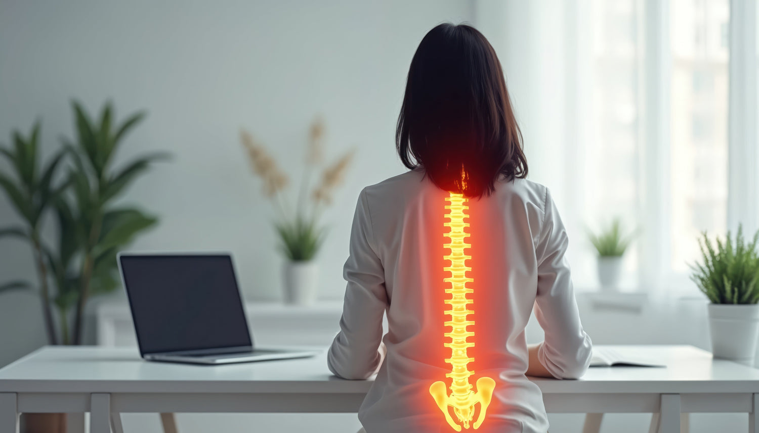 Woman sitting at a desk where you can visibly see her spine 