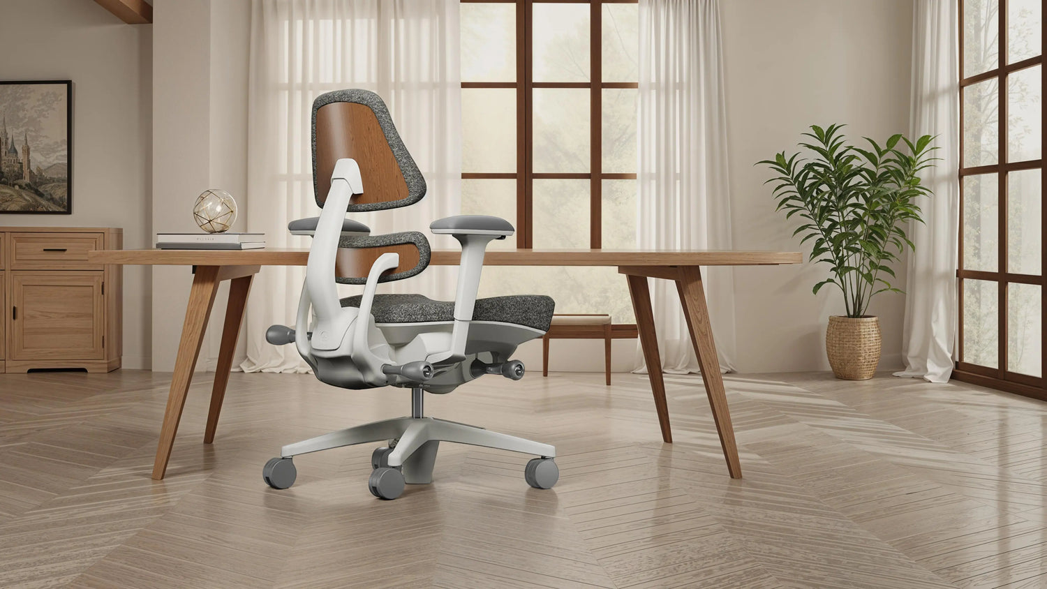 Anthros chair sitting in front of a desk with windows an a plant in the corner.