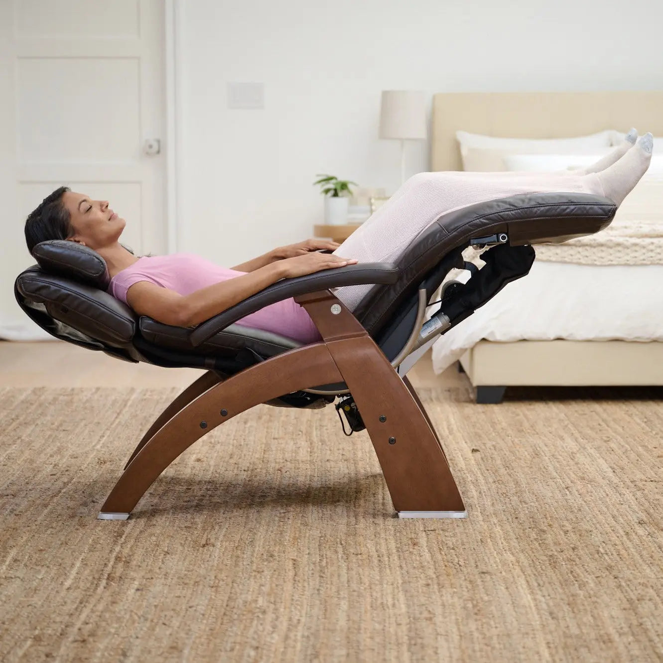 A lady reclined in the zero-gravity position.