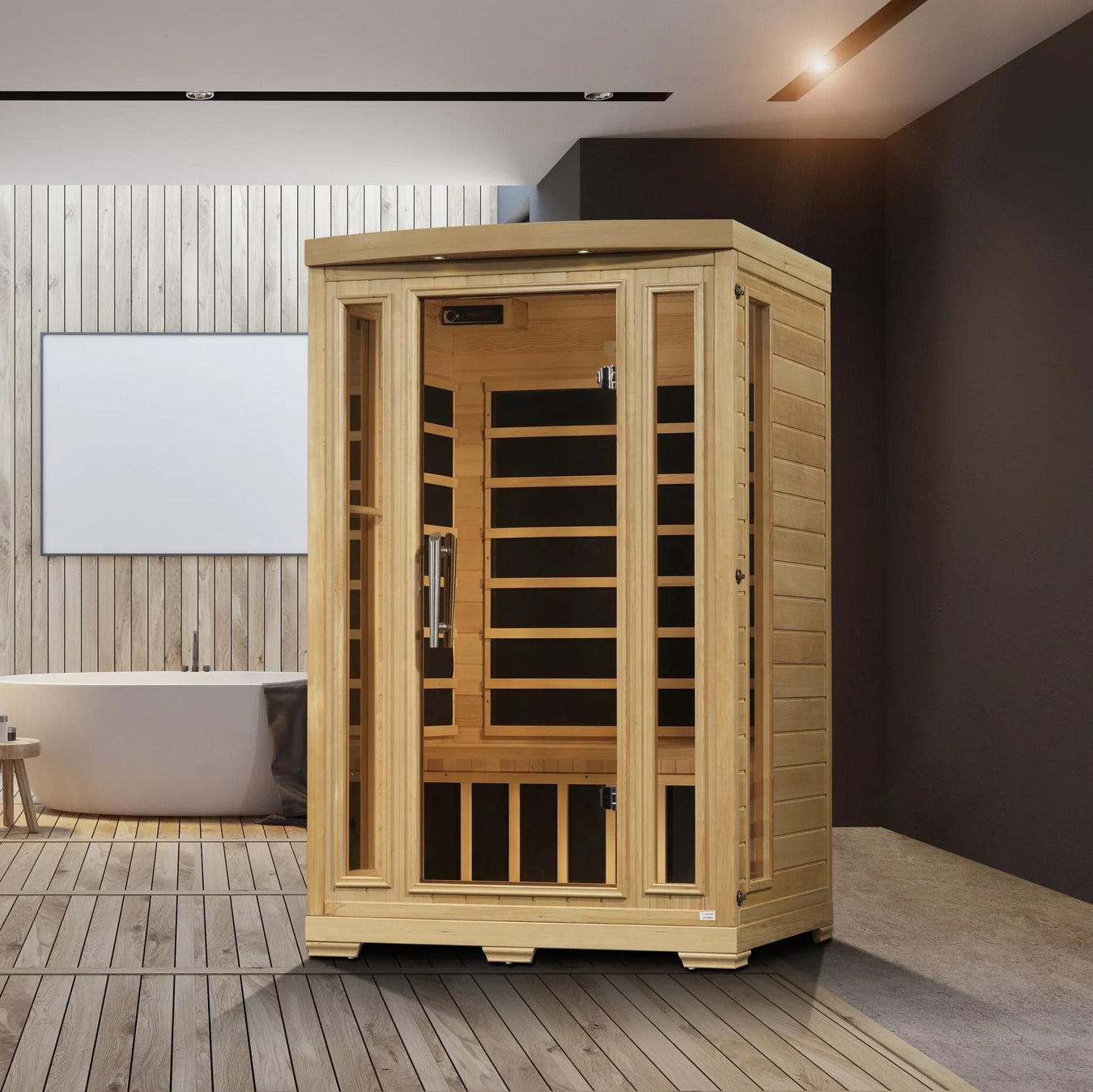 Lifestyle image of a two person indoor sauna.