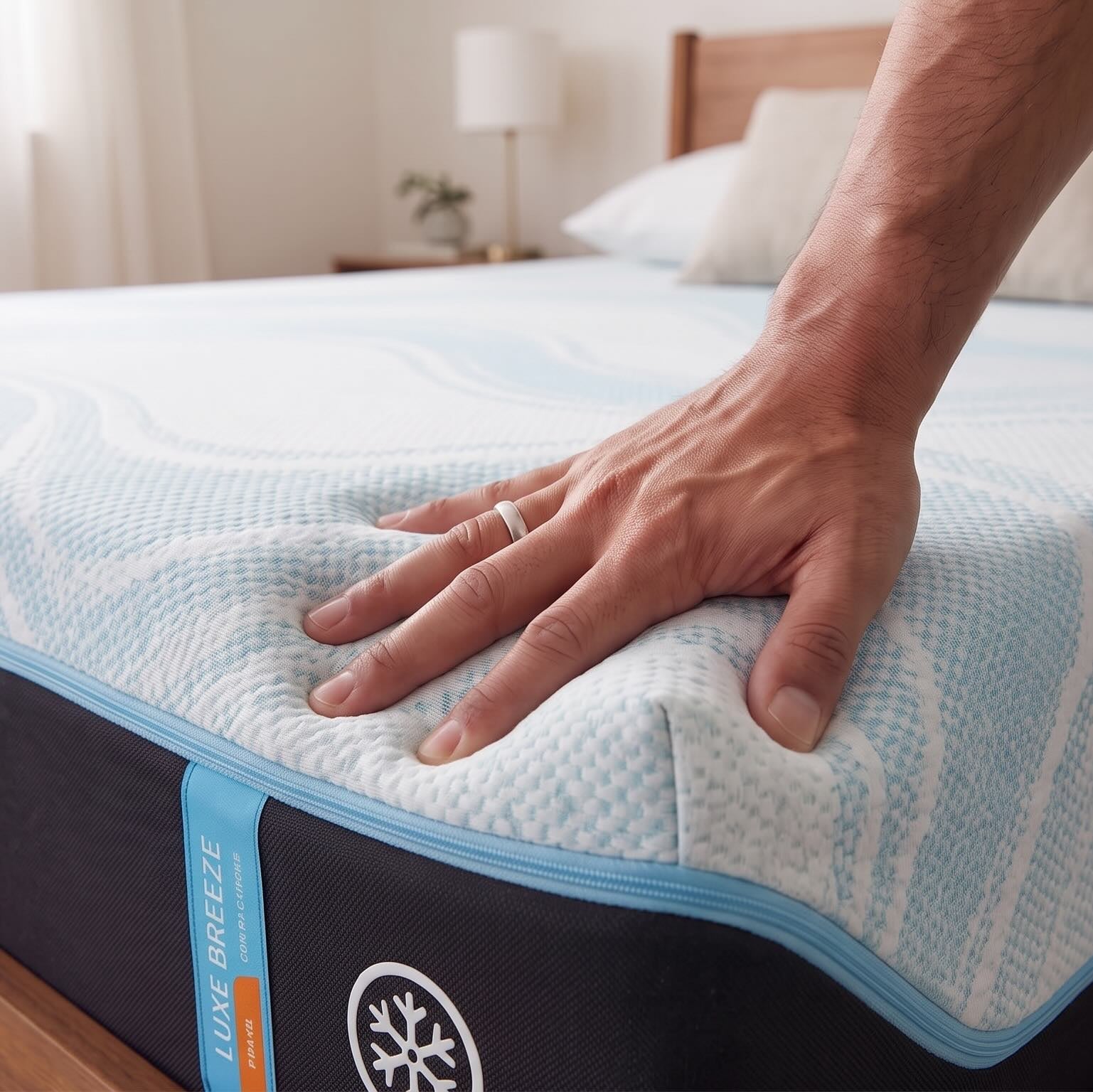 A close-up of a person's hand pressing down on the top of a mattress to show its texture and support. The mattress has a light blue and white patterned top layer and a dark navy side panel with a blue vertical stripe.