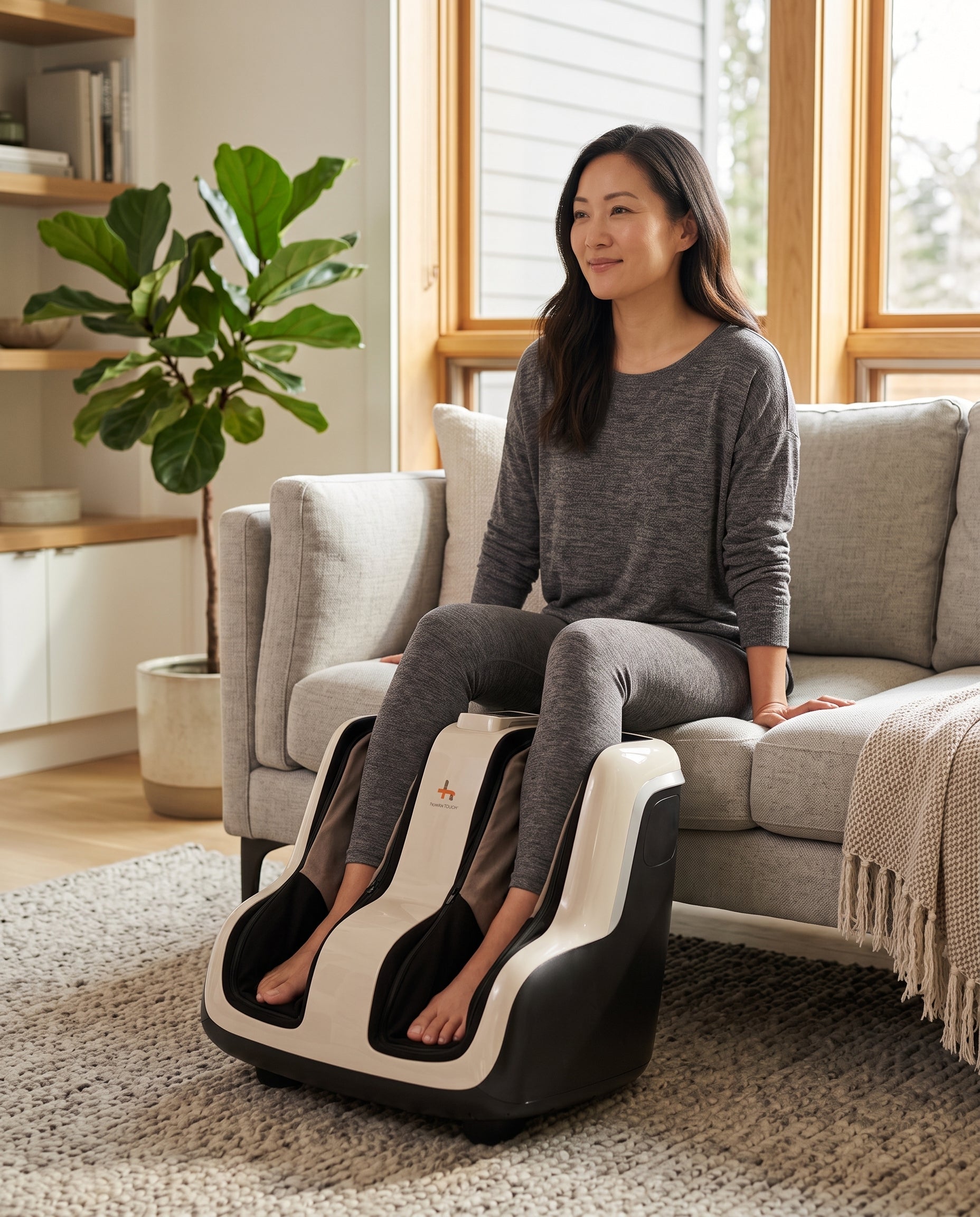A woman sits in a beige armchair in a bright living room, using a dual-foot massage chair with her feet inserted. The massage chair is cream and dark gray/black, and the room has large windows, plants, and neutral-toned furniture.