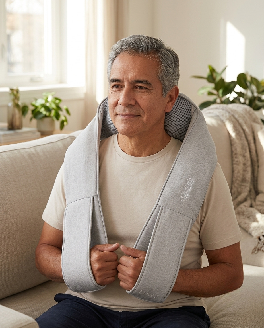 A man sitting on a beige couch in a bright living room, wearing a light gray neck and shoulder massager around his neck and upper chest.