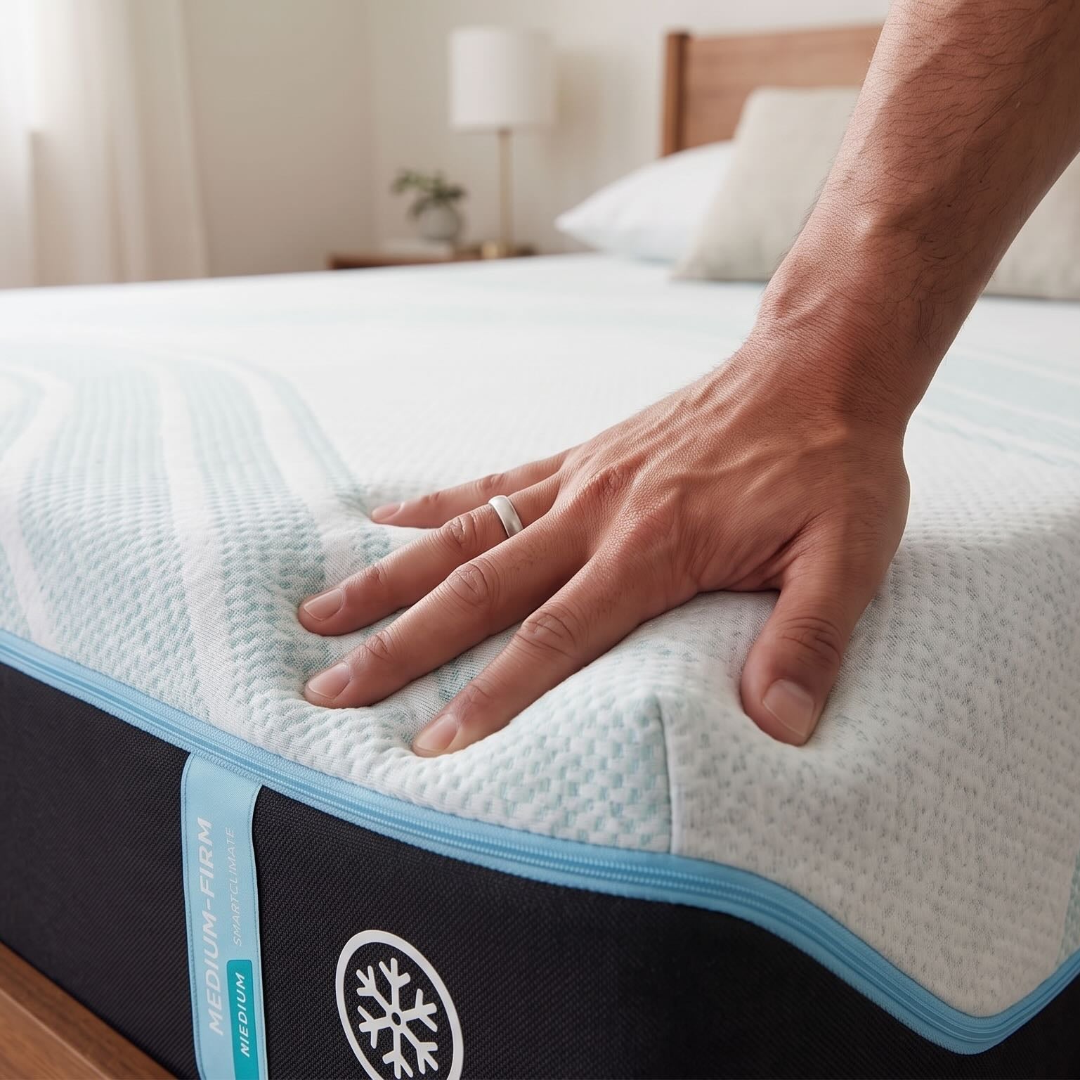 A close-up of a person's hand pressing down on the top of a mattress to show its texture and support. The mattress has a white and light blue striped quilted top layer and a dark navy side panel with a snowflake logo