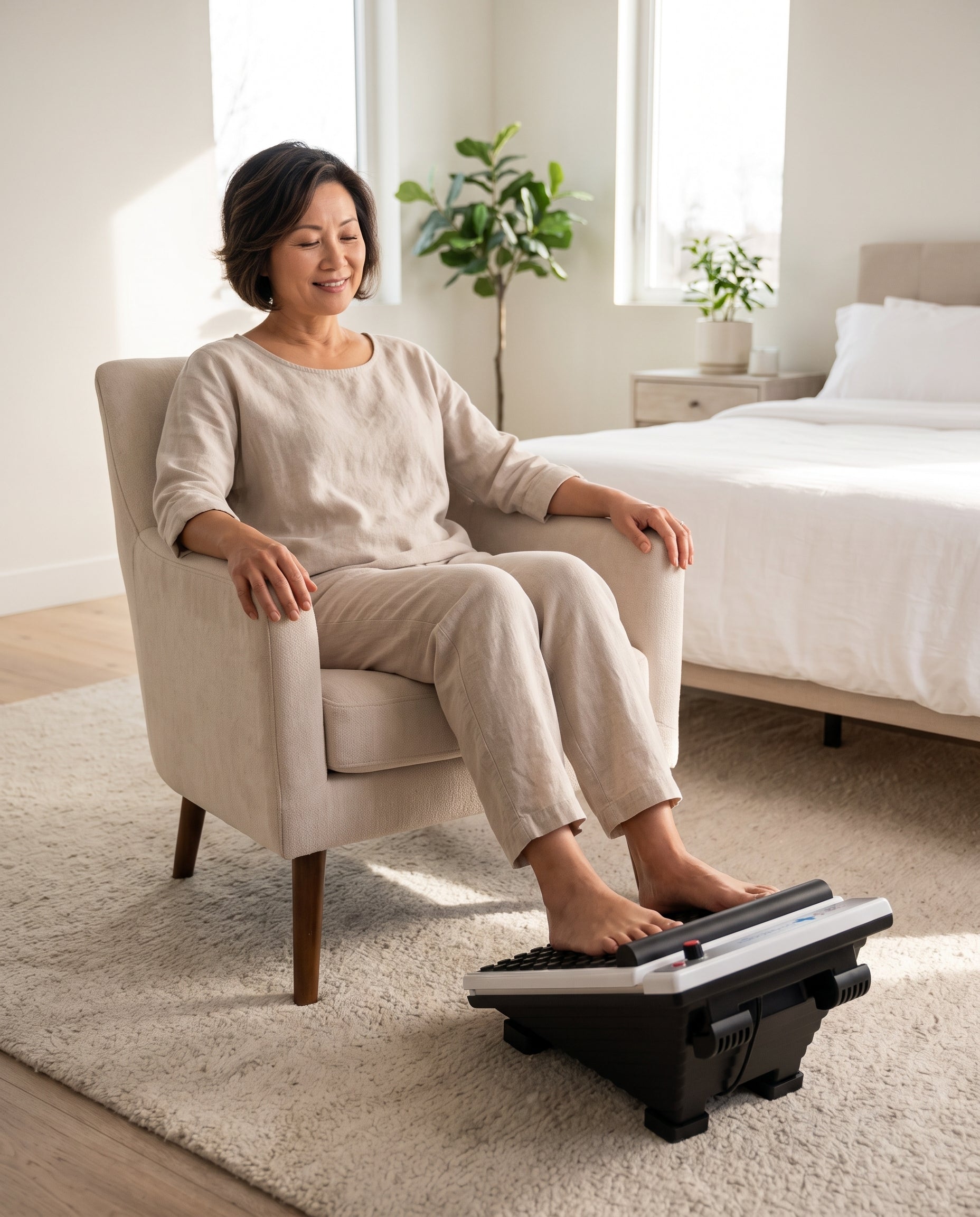 A woman sits in a beige armchair in a bright bedroom, using a black and white foot-pedal massager on the floor.