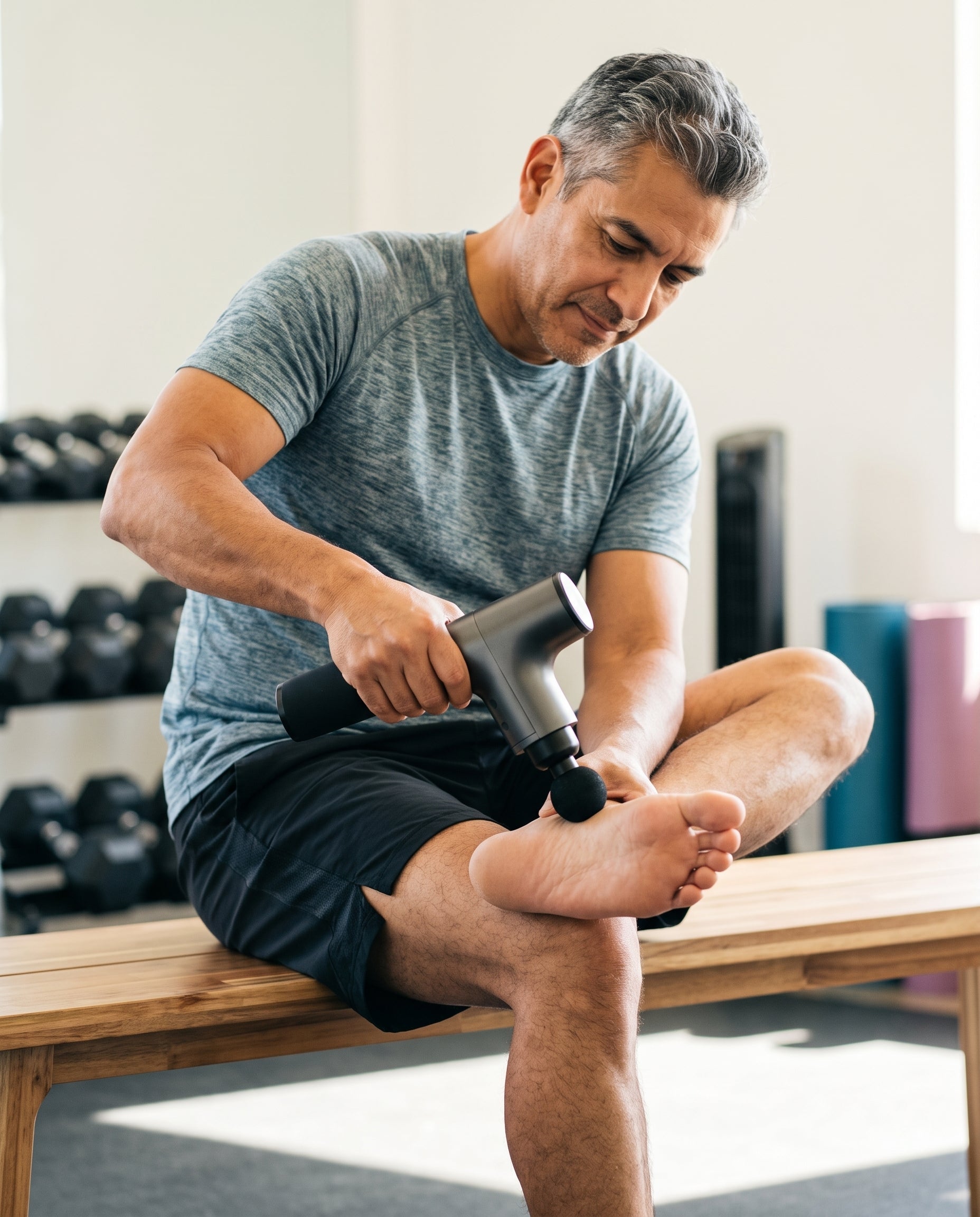 A man sitting on a wooden gym bench uses a gray and black handheld massage gun on his calf in a brightly lit gym.