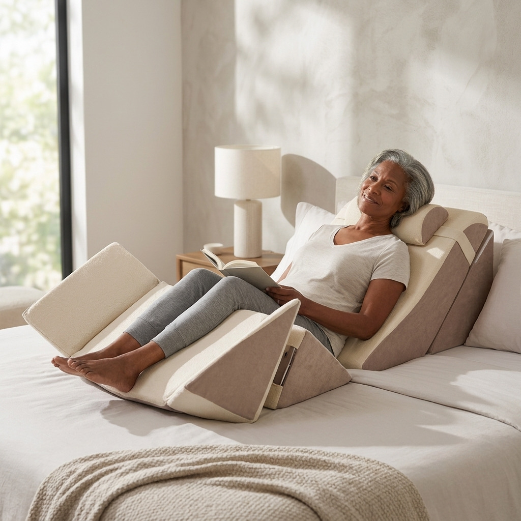 A woman reclines on a beige and cream wedge bed support pillow on a bed in a softly lit bedroom, holding a book. The product is shown in use in a real environment with a window, lamp, and wall visible.