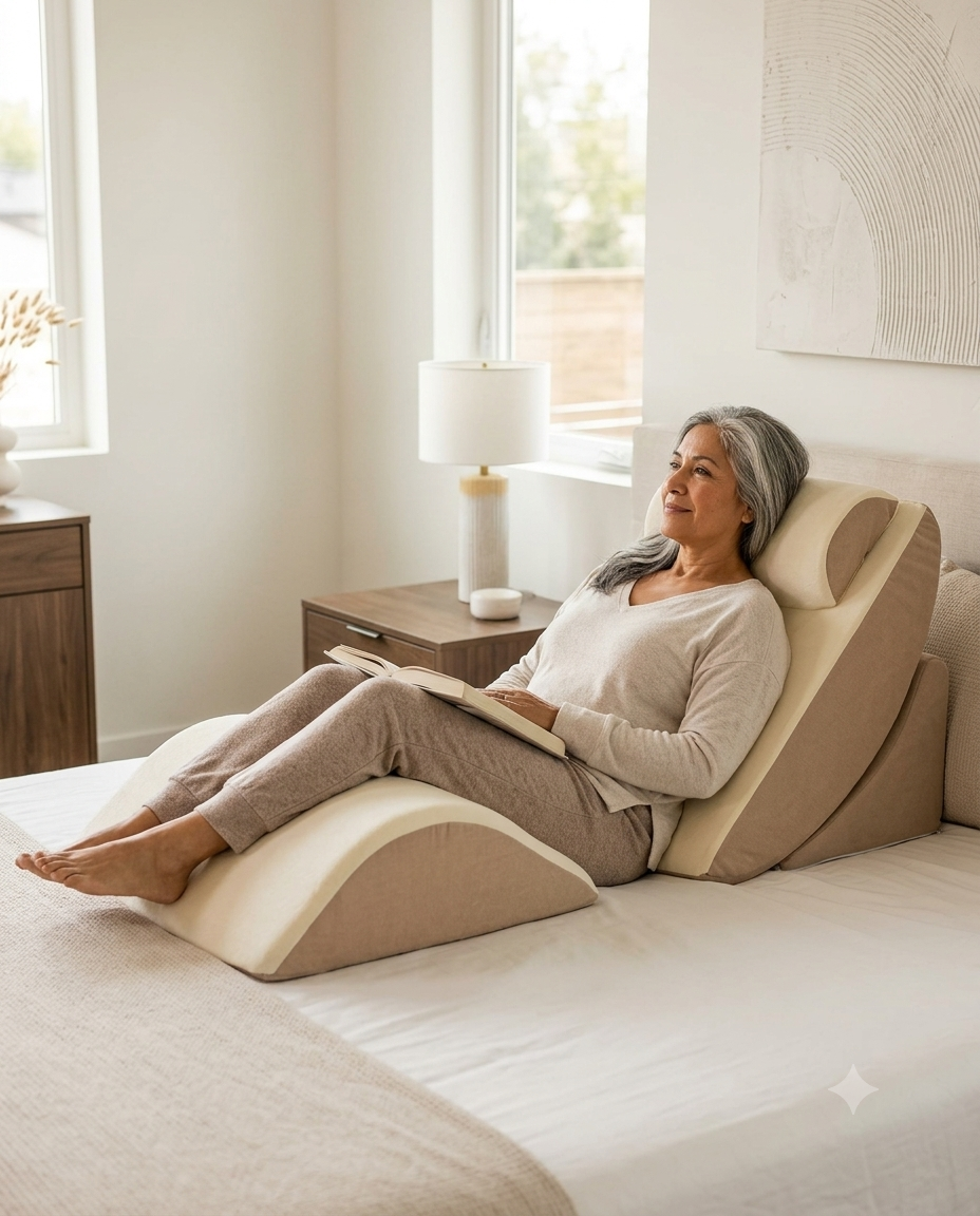 Man using a tablet on a wedge-shaped bed support in a bedroom.