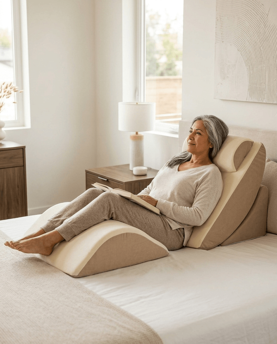 A woman relaxes in a beige and cream contoured lumbar pillow set on a bed in a bright, modern bedroom.