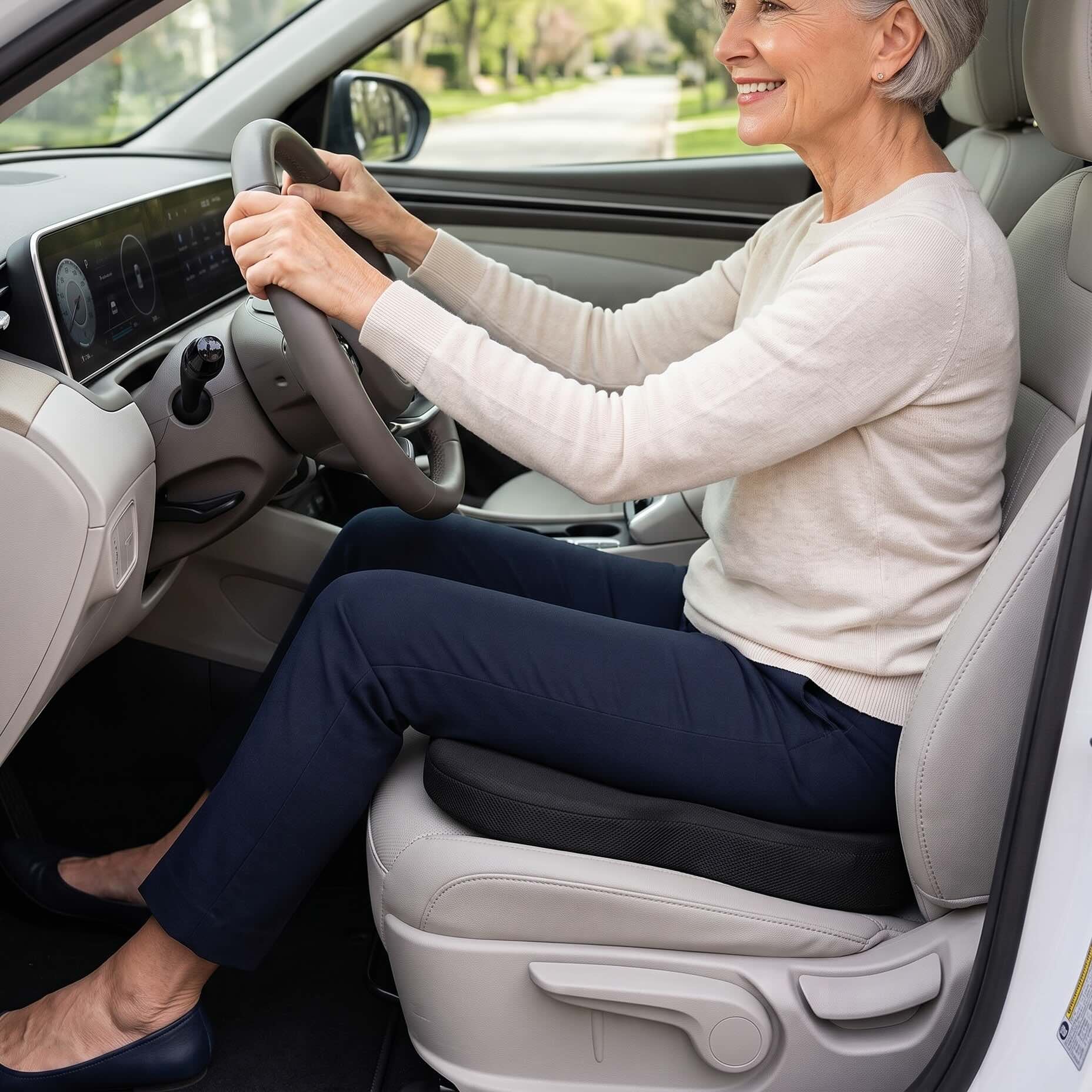An older woman with short gray hair sits in the driver's seat of a modern car, smiling and holding the steering wheel. The car interior is light beige and gray, with a blurred outdoor road and trees visible through the windows.