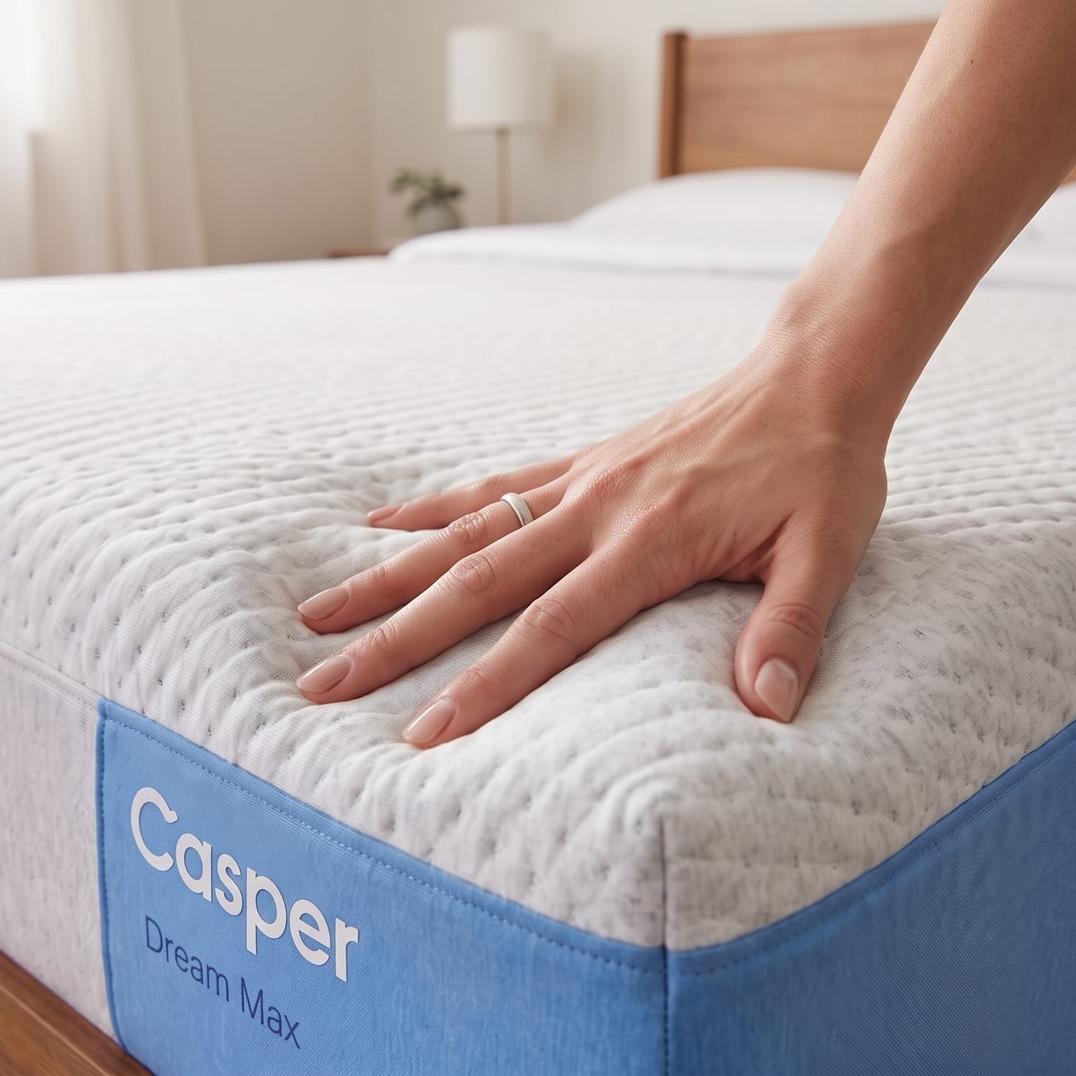 A close-up of a mattress with a hand resting on its quilted top, showing the brand label 'Casper Dream Max' on a blue side panel, set in a softly lit bedroom.