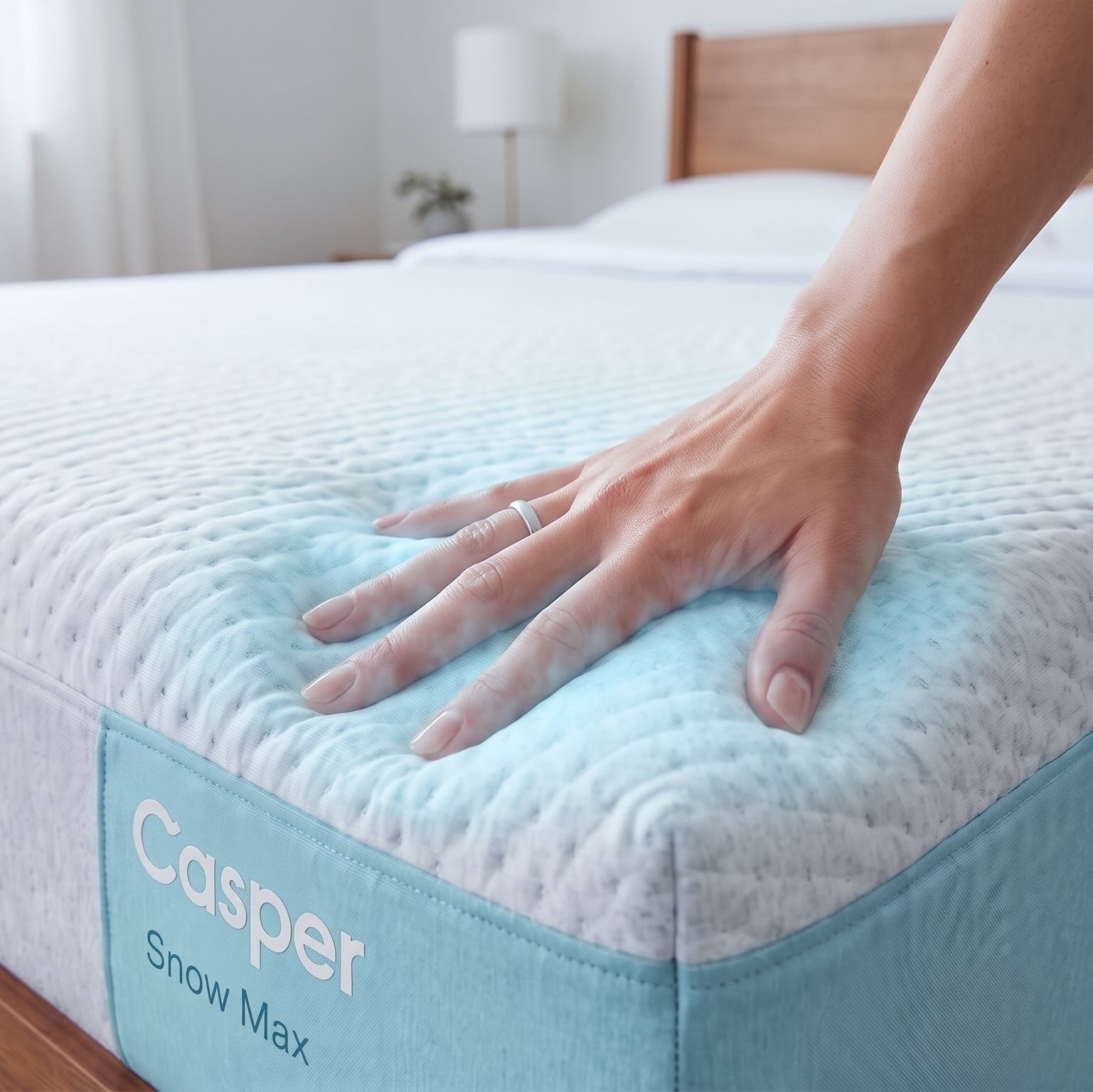 A close-up of a hand pressing down on the textured top of a white Casper mattress, showing its Snow Max comfort layer. The mattress is on a wooden bed frame in a bright, modern bedroom.