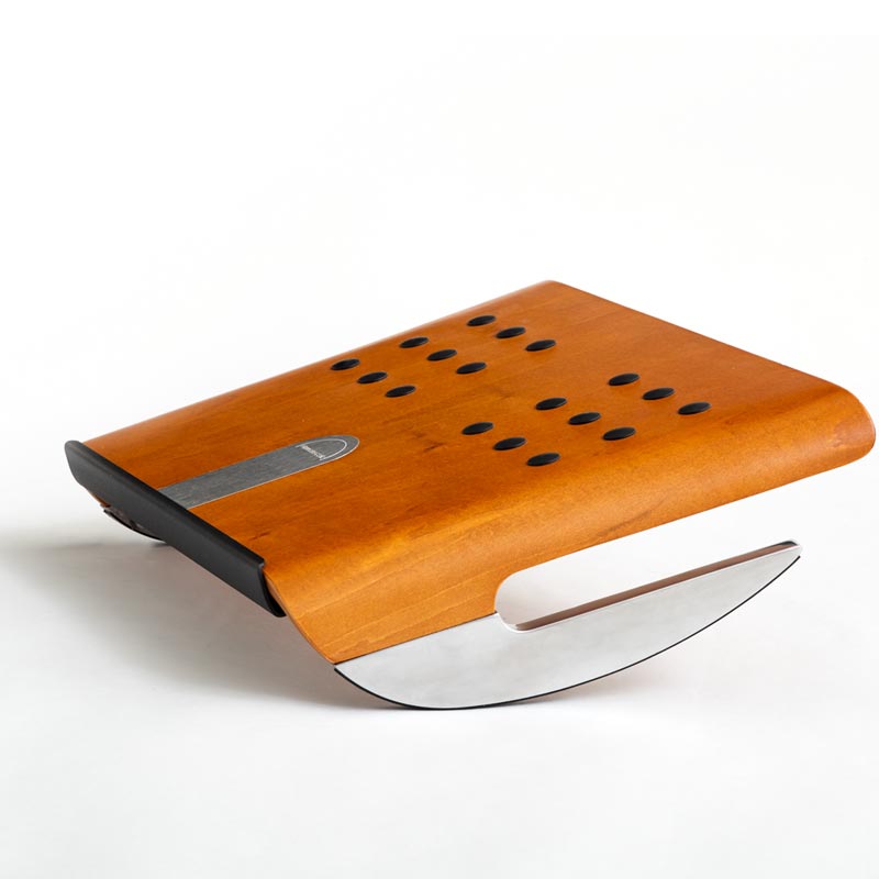 Wooden knife sharpener with a metal blade on a white background