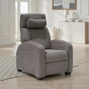 Gray fabric recliner chair with plush cushioning and an adjustable headrest, positioned in a bright living room with wood floors, white paneled walls, and a decorative cabinet in the background.