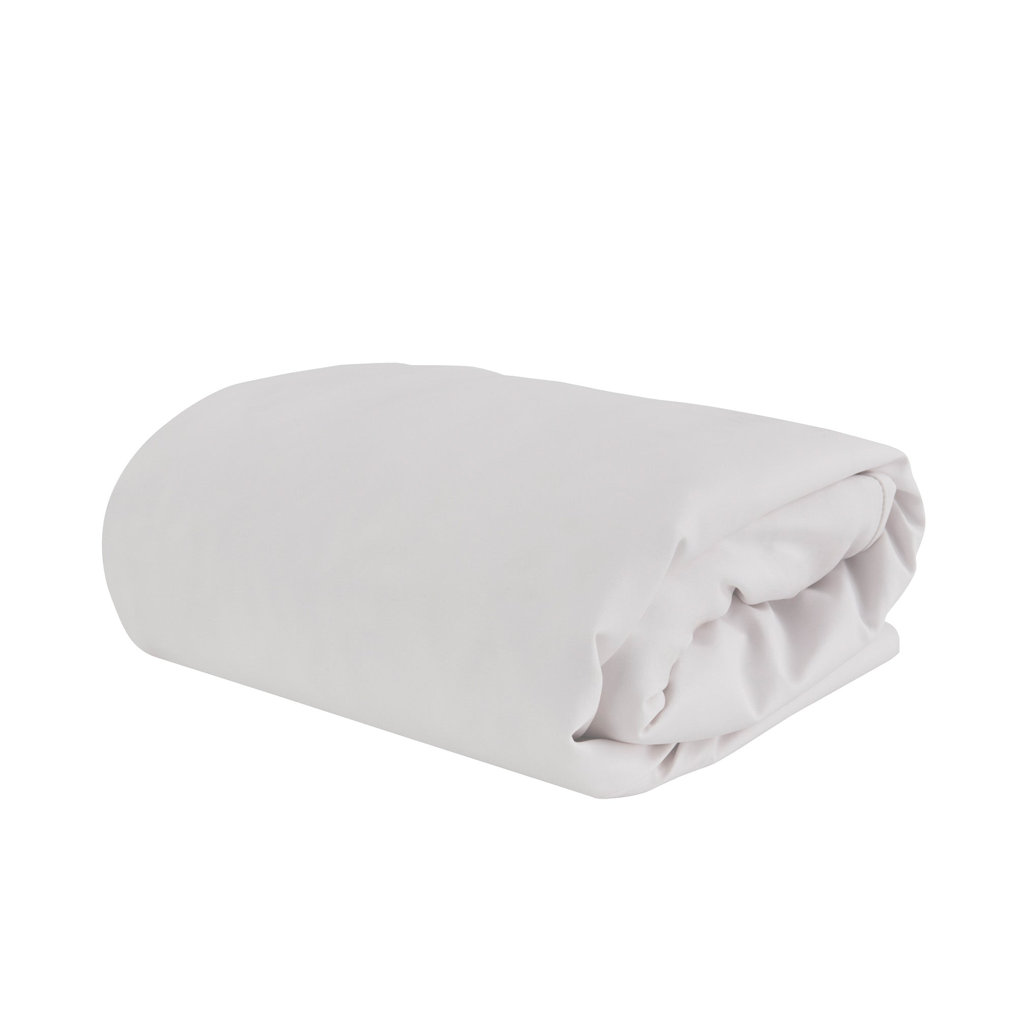 Folded light gray fitted sheet on a white background