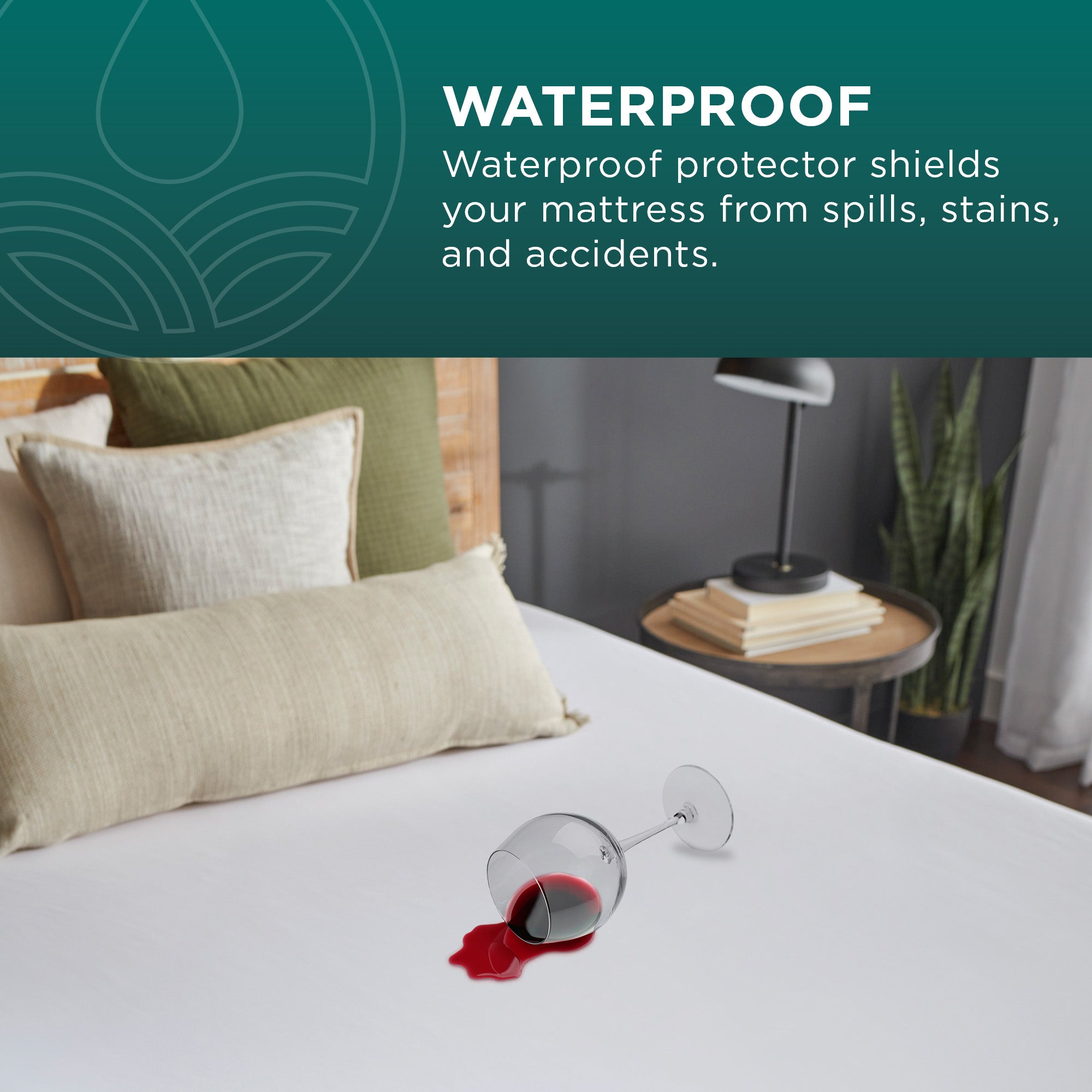 Bed with waterproof mattress protector, wine glass with spill on a white background