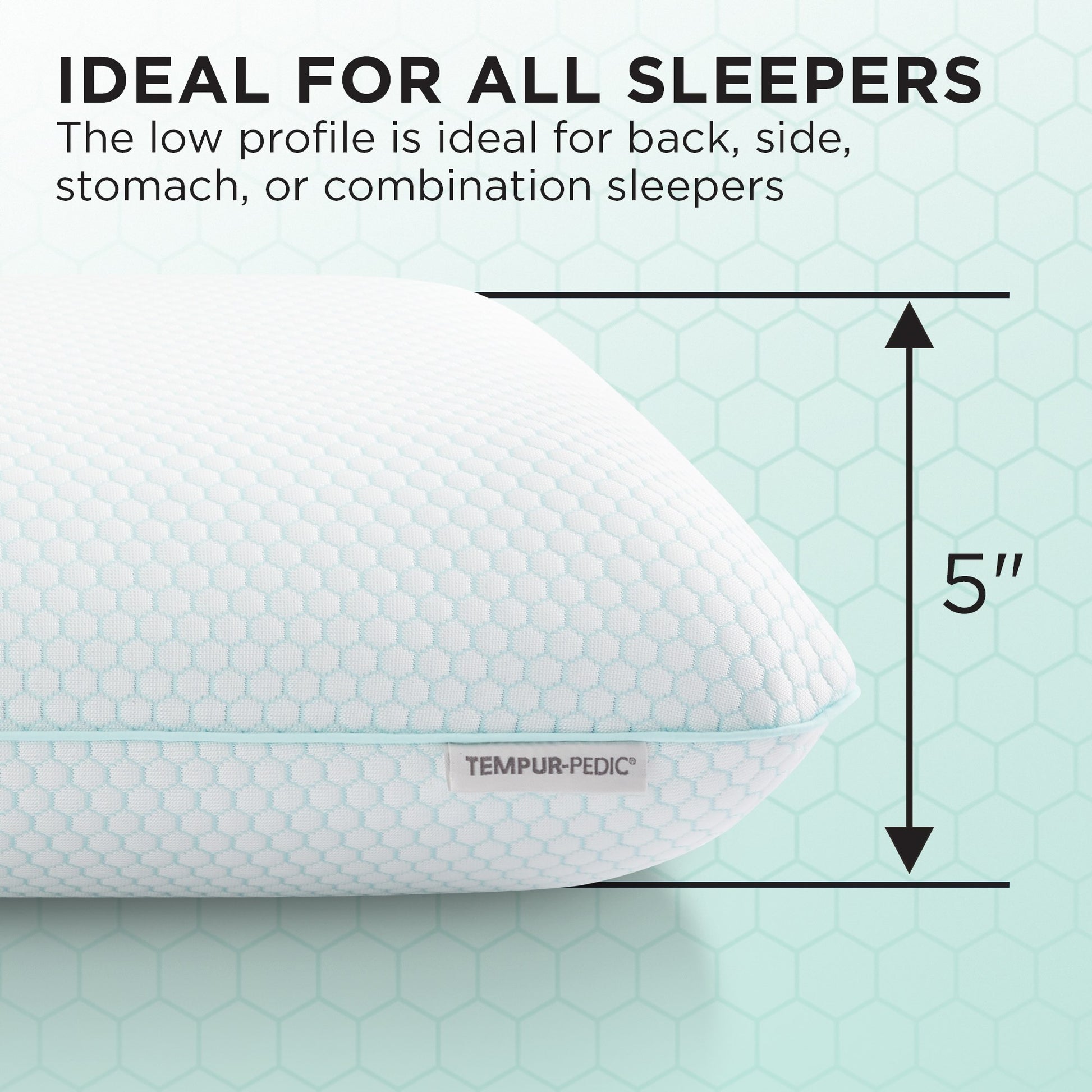 TEMPUR-Pedic pillow with text and measurement on a light green background