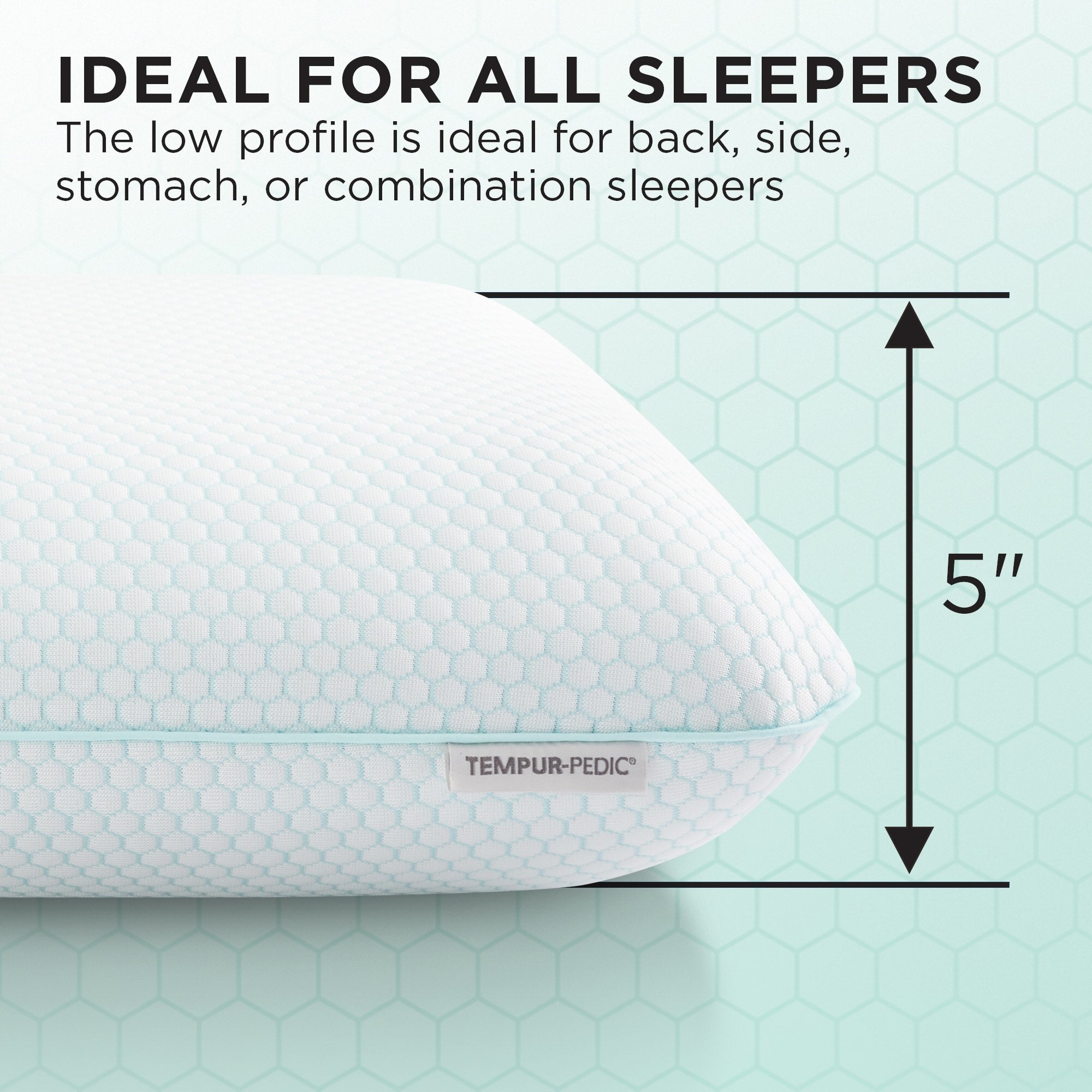 TEMPUR-Pedic pillow with text and measurement on a light green background