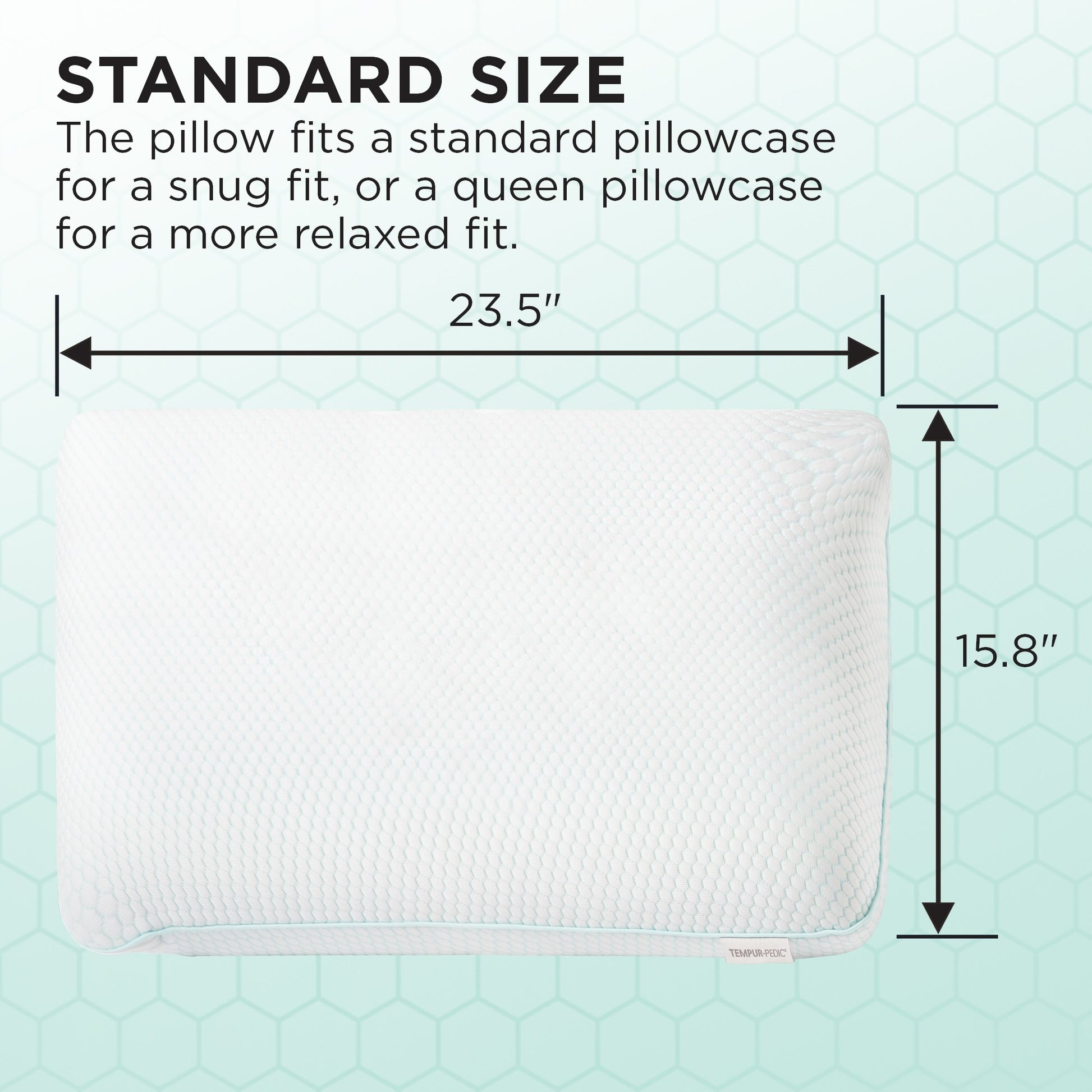 White pillow with dimensions on a light blue background