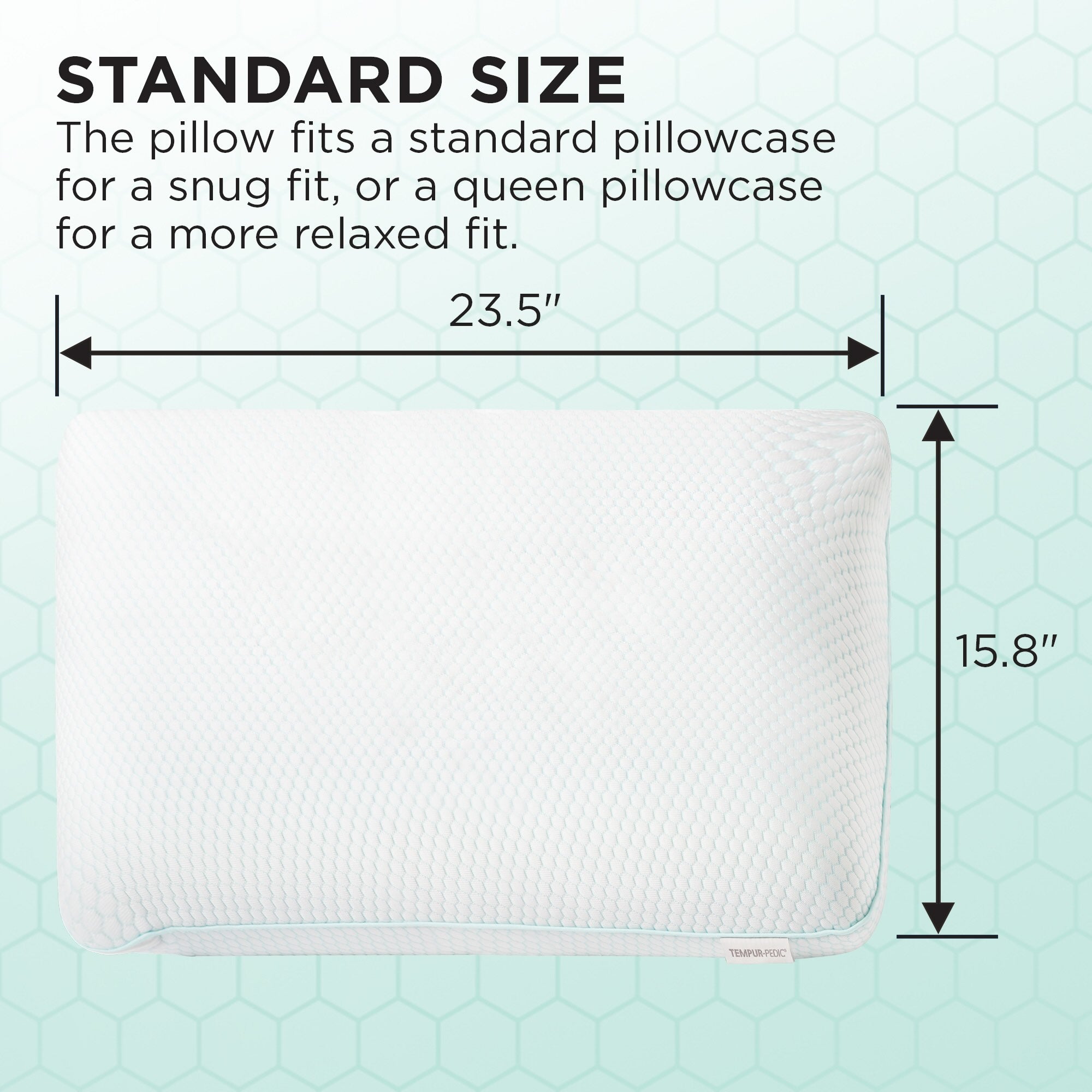 White pillow with dimensions on a light blue background