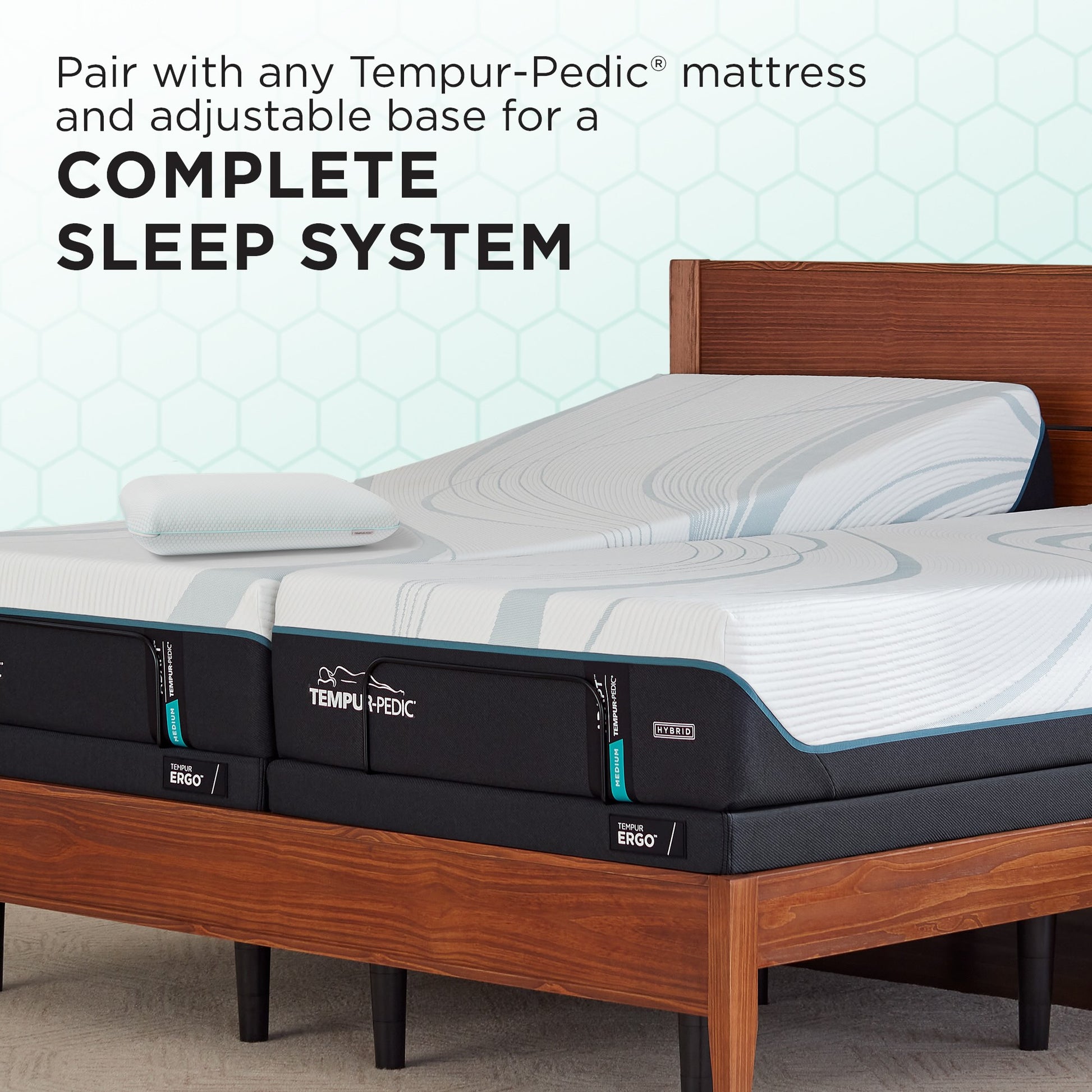 Tempur-Pedic mattress and adjustable base on a bed with promotional text.