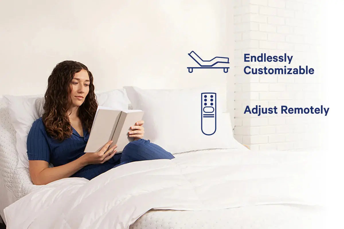 Woman reading a book in bed with adjustable base features highlighted