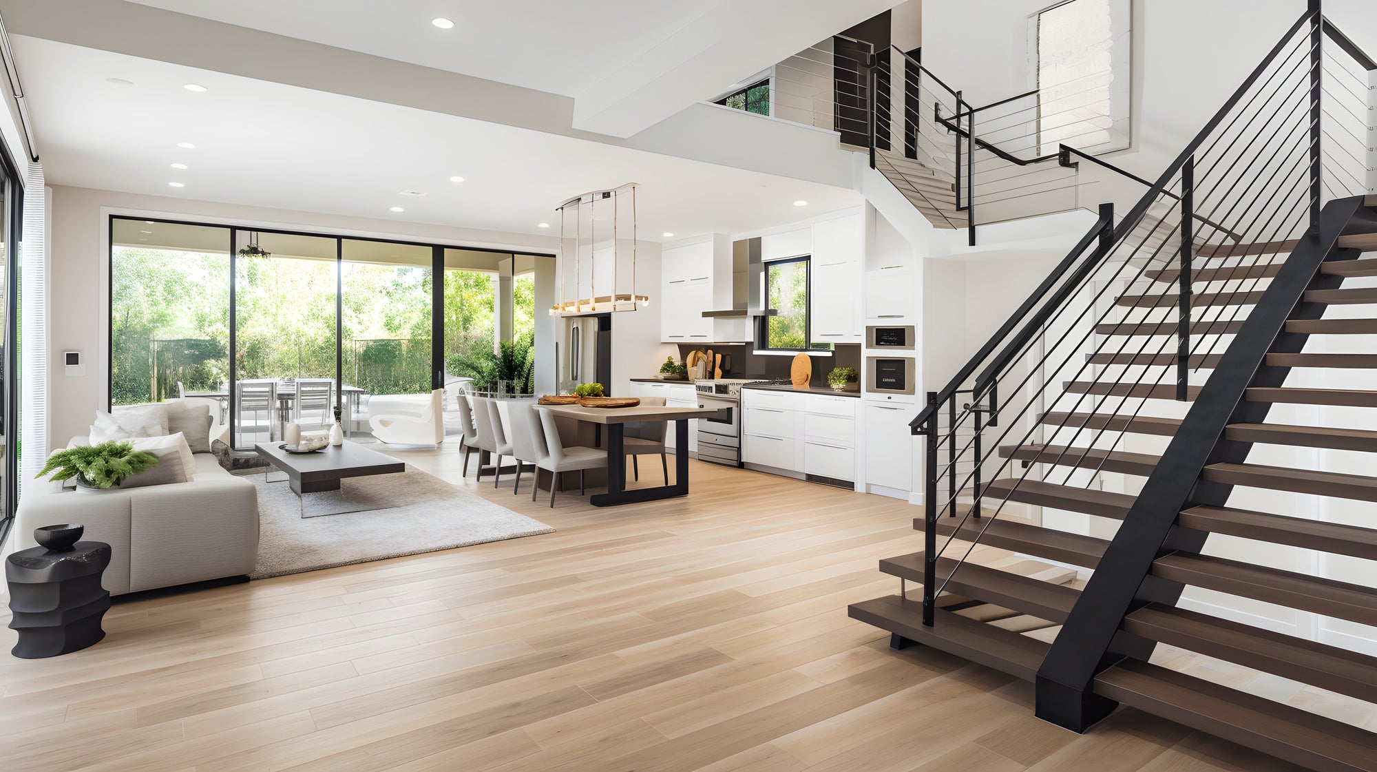 Modern kitchen with dining area and staircase in a well-lit home.