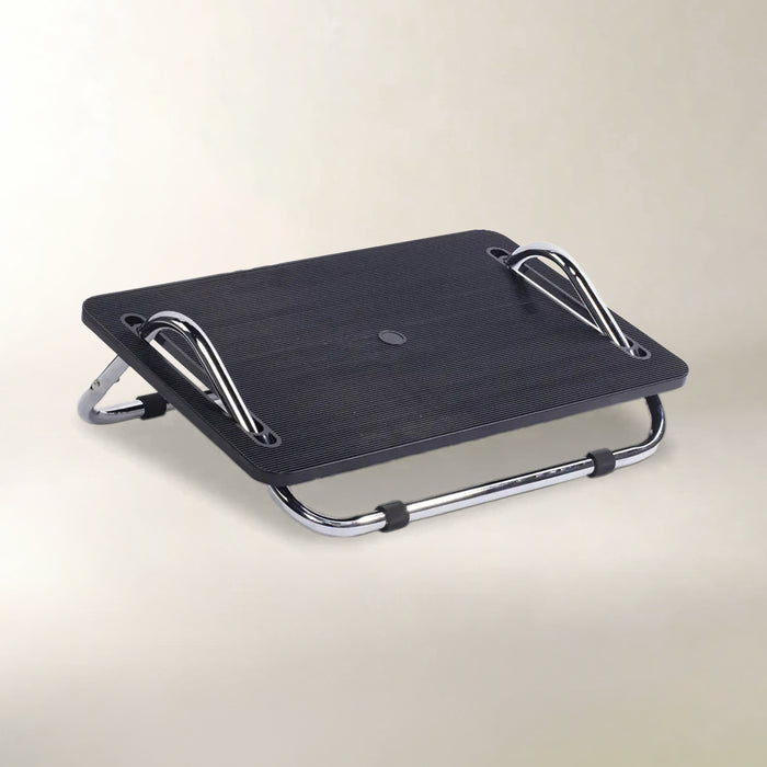 A black footrest with a silver metal frame, shown on a light beige background.