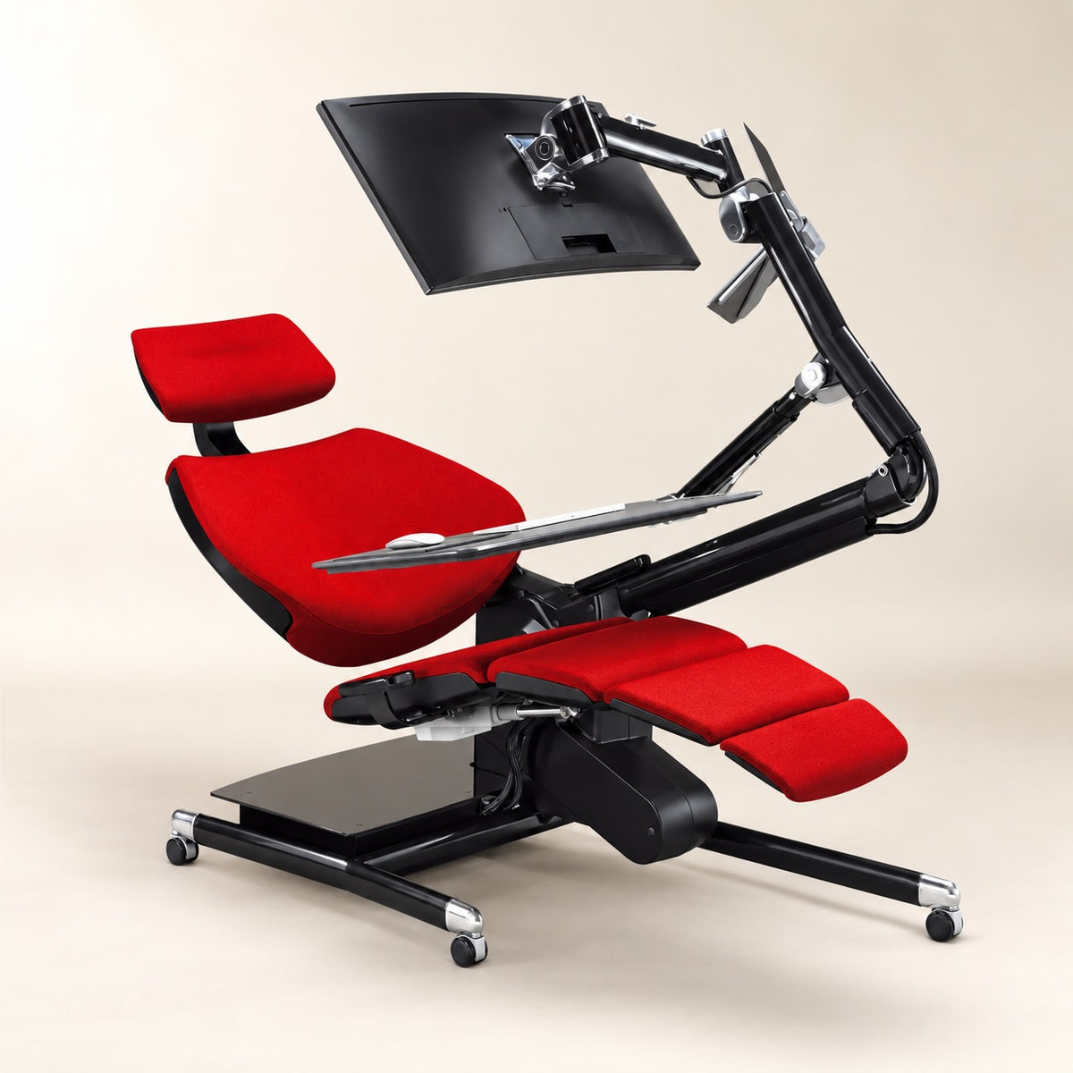 Altwork Workstation in red with reclining ergonomic seat, adjustable monitor arm, keyboard tray, and wheeled base.