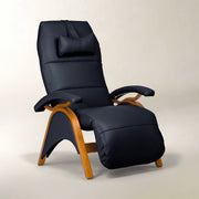 A modern high-back recliner chair with dark navy blue padded upholstery and curved light brown wooden arms and legs, shown on a neutral light beige studio background.