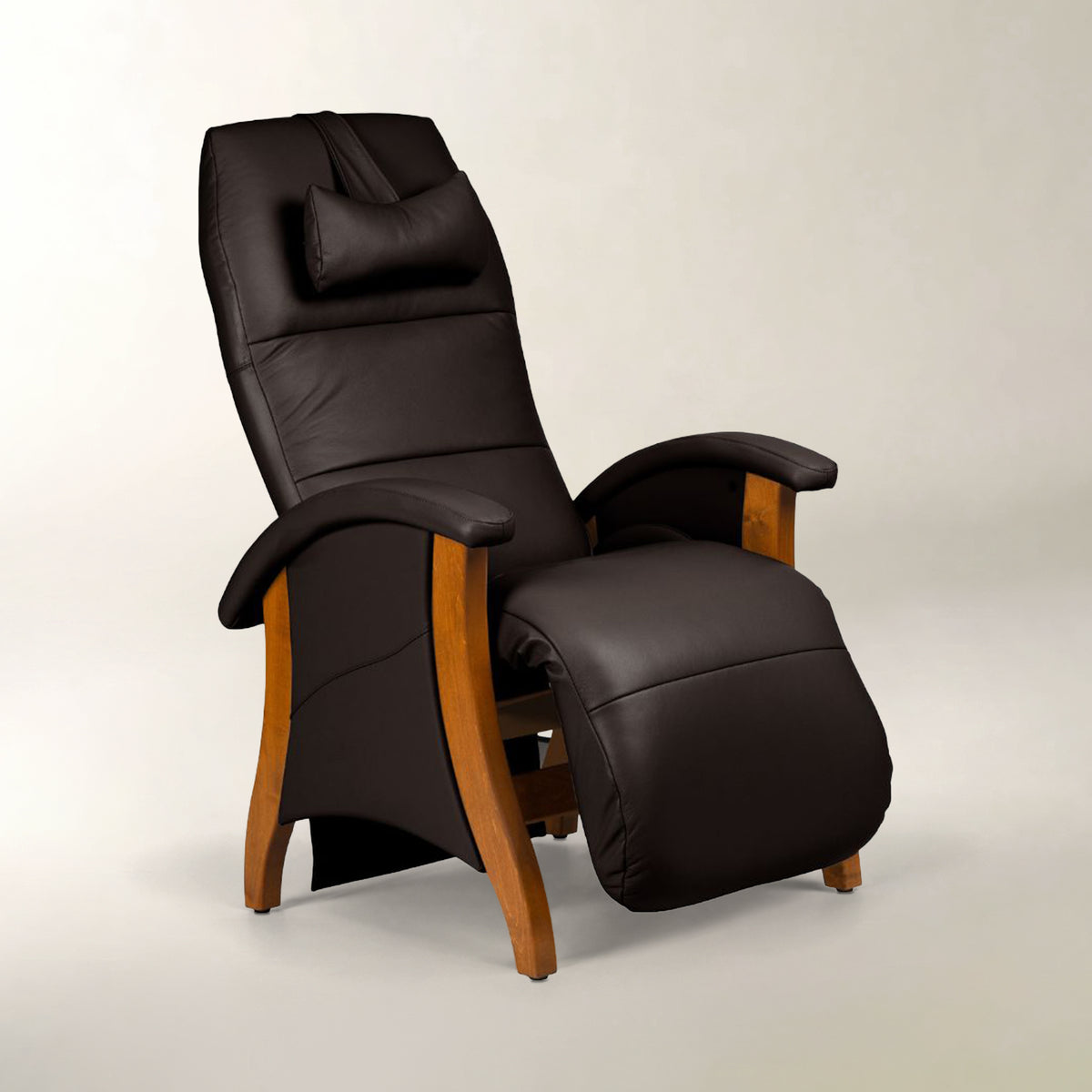 A dark brown faux-leather recliner chair with wooden legs and armrest supports, shown in a side profile against a neutral light gray background.