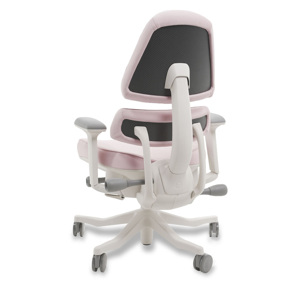Pink and white ergonomic office chair on a white background