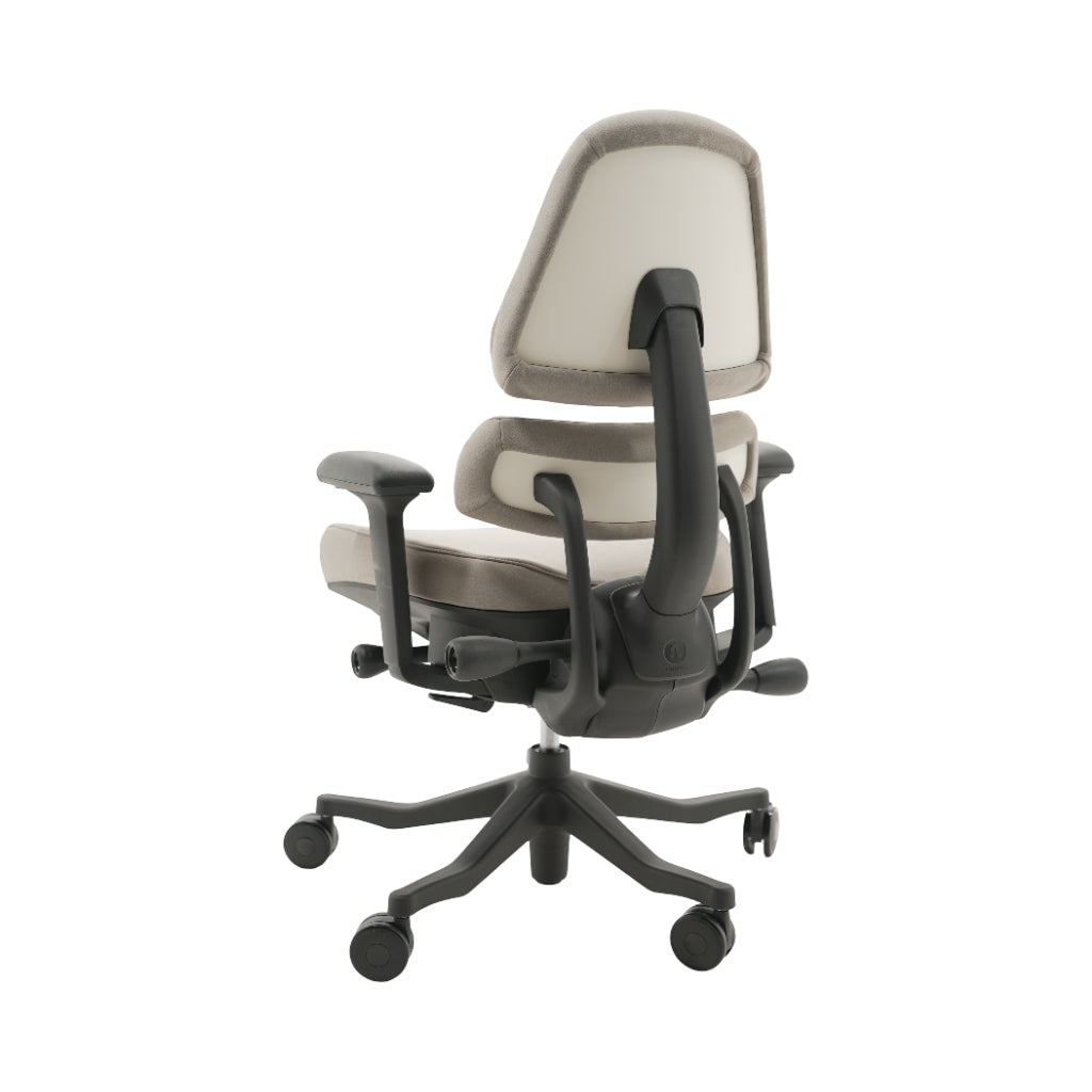 An ergonomic office chair with a high back, adjustable armrests, and a four-wheel base, shown from a rear angle on a white background.