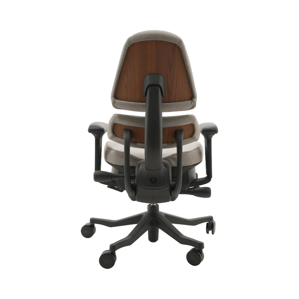 An ergonomic office chair with a high back, adjustable armrests, and a four-wheel base, shown from a rear angle on a white background.