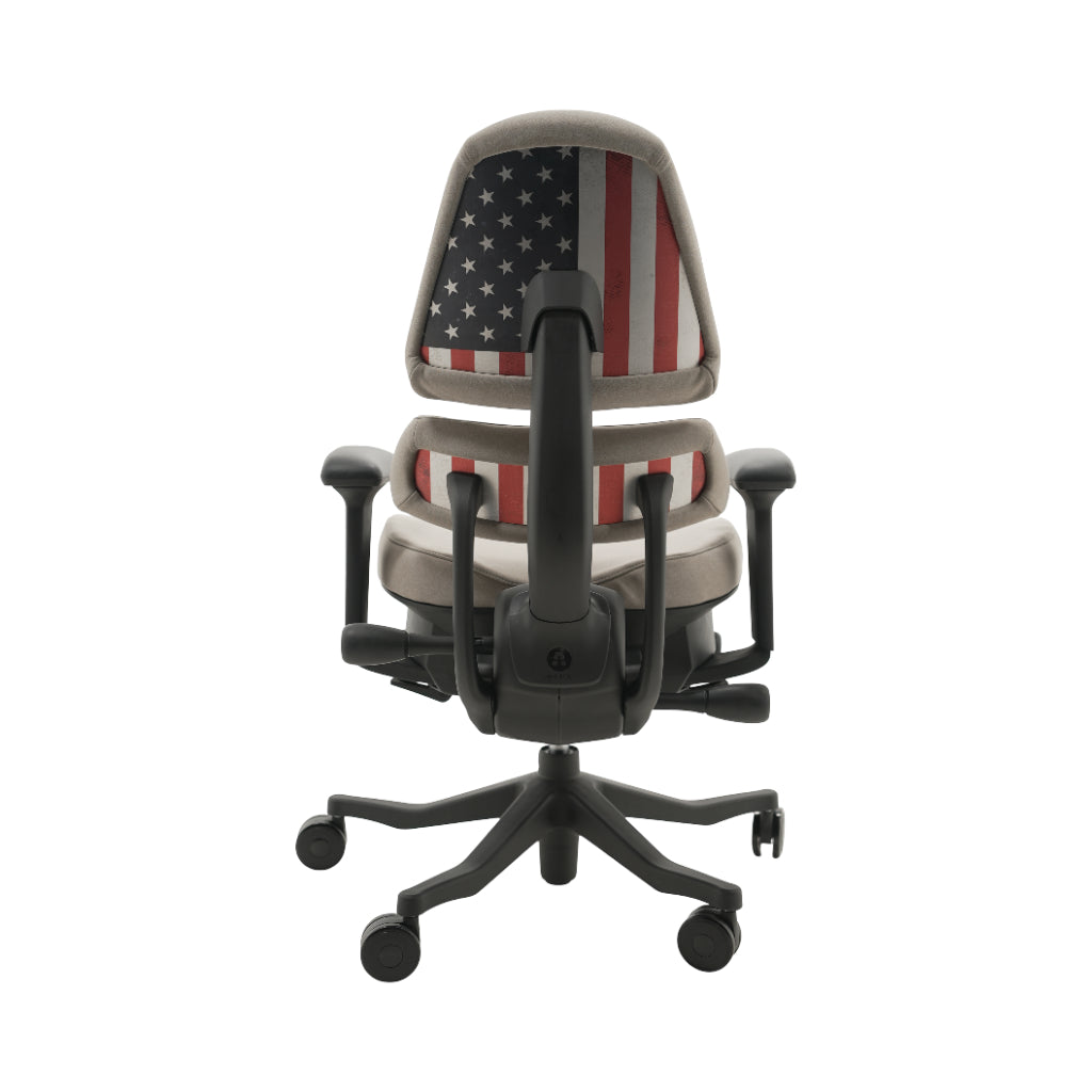 An ergonomic office chair with a high back, adjustable armrests, and a four-wheel base, shown from a rear angle on a white background.