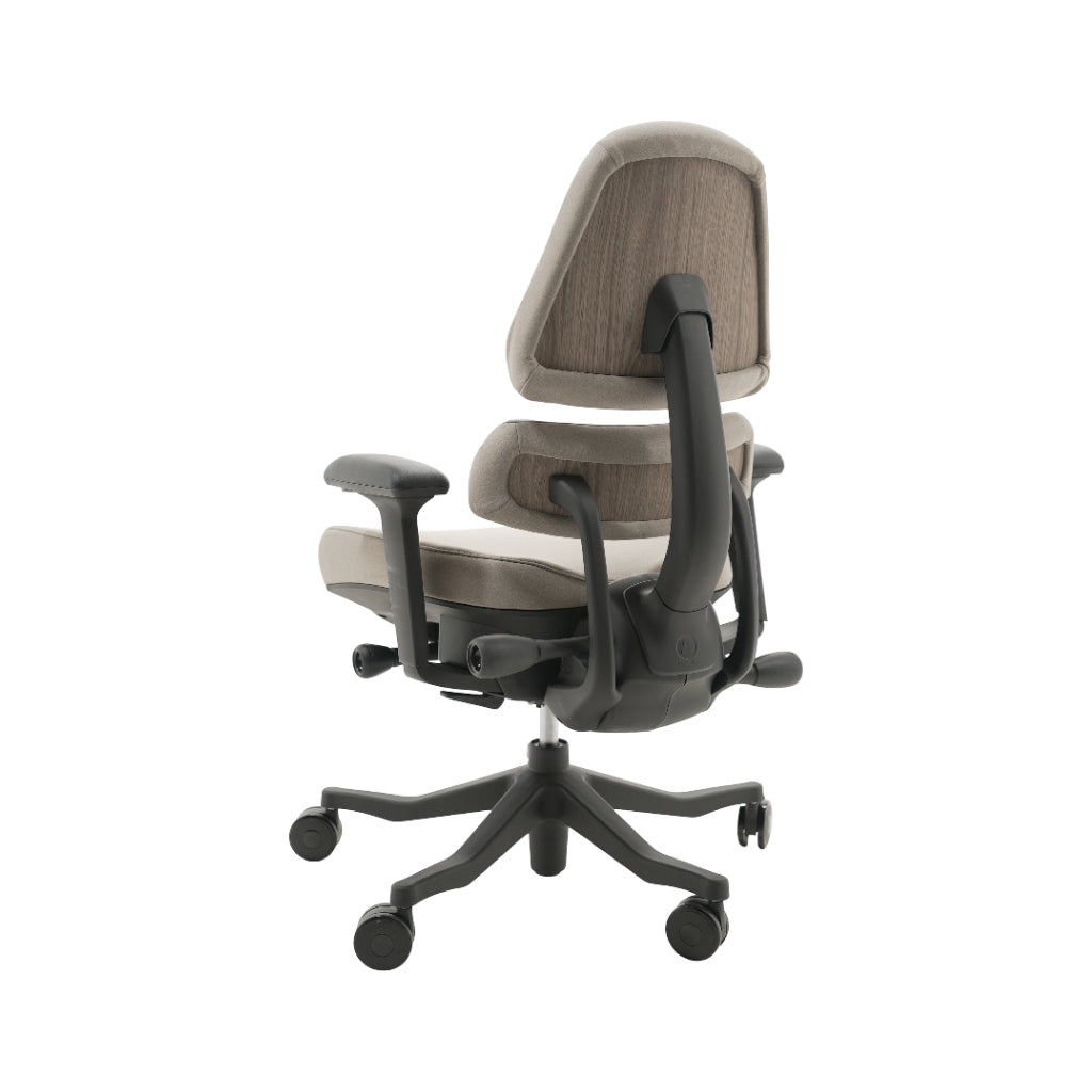 An ergonomic office chair with a high back, adjustable armrests, and a four-wheel base, shown from a rear angle on a white background.