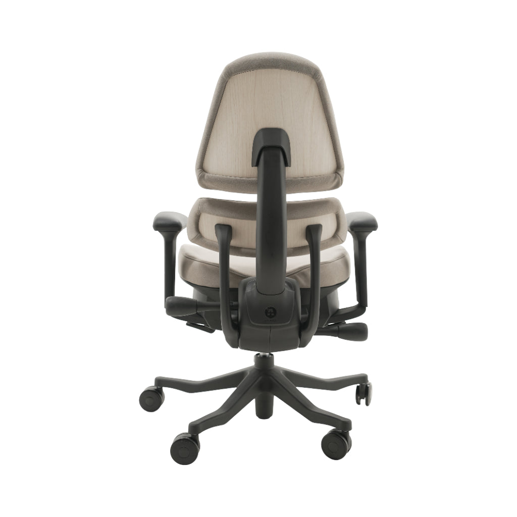 An ergonomic office chair with a high back, adjustable armrests, and a four-wheel base, shown from a rear angle on a white background.