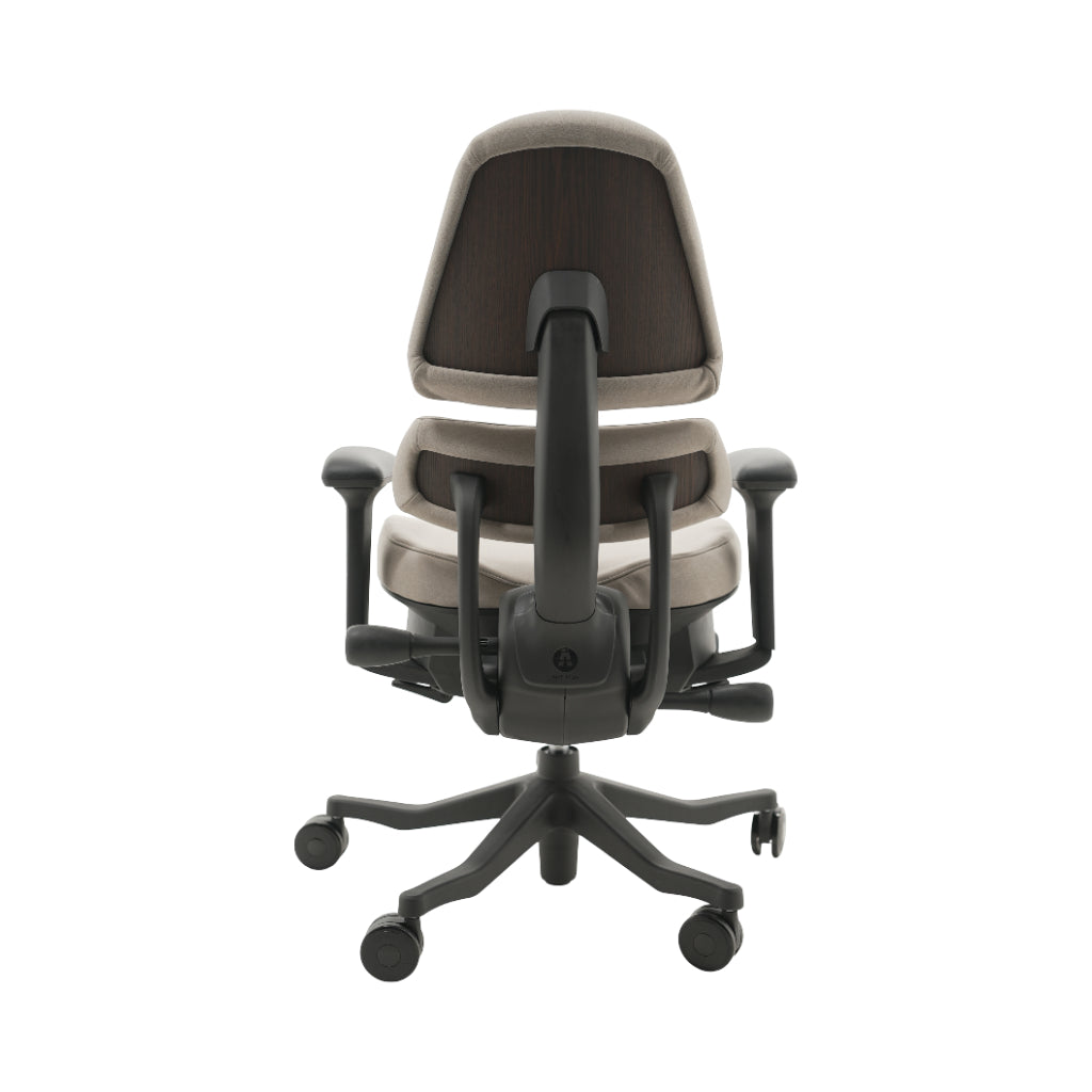 An ergonomic office chair with a high back, adjustable armrests, and a four-wheel base, shown from a rear angle on a white background.